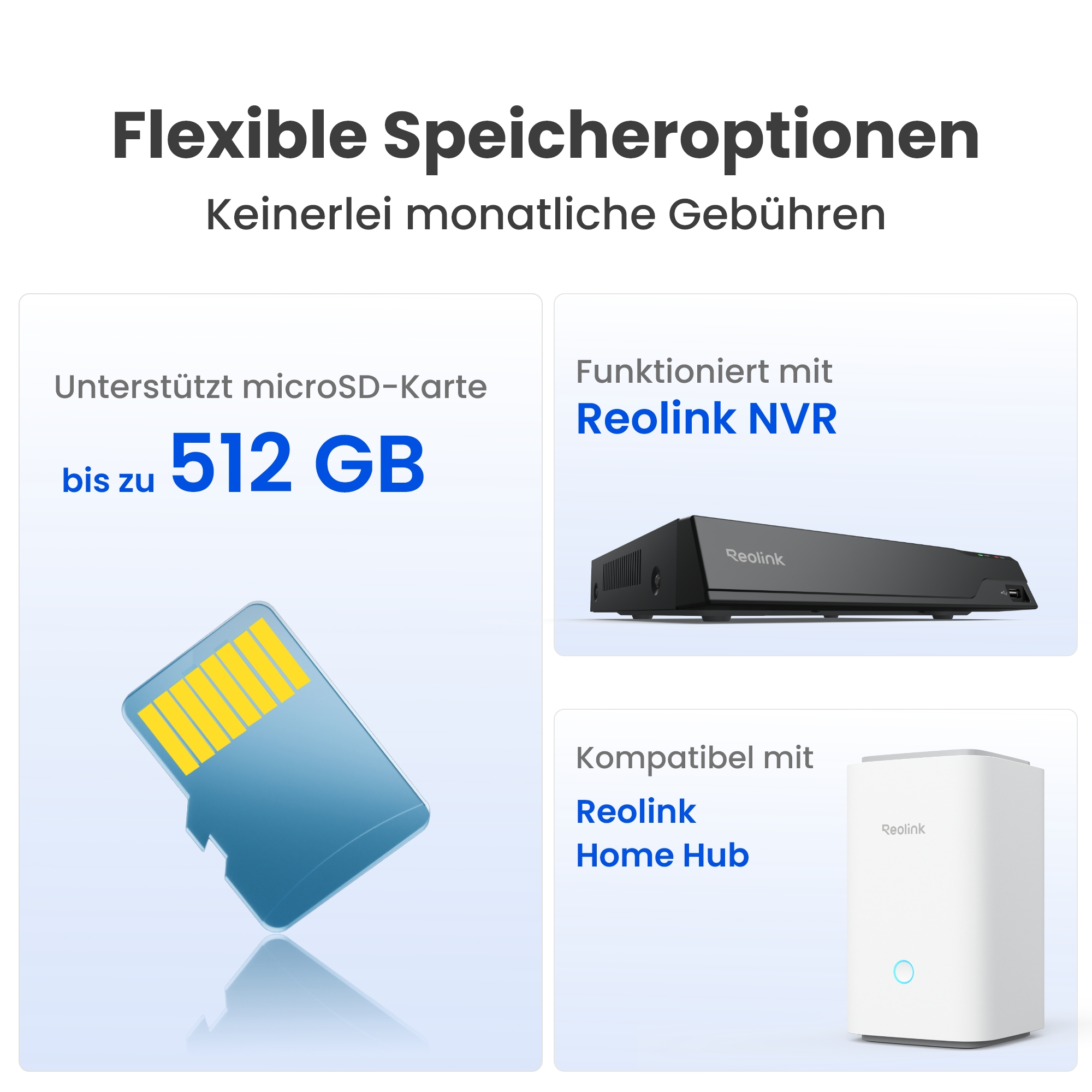 Ein Bild zeigt eine microSD-Karte, Reolink NVR und Reolink Home Hub.
