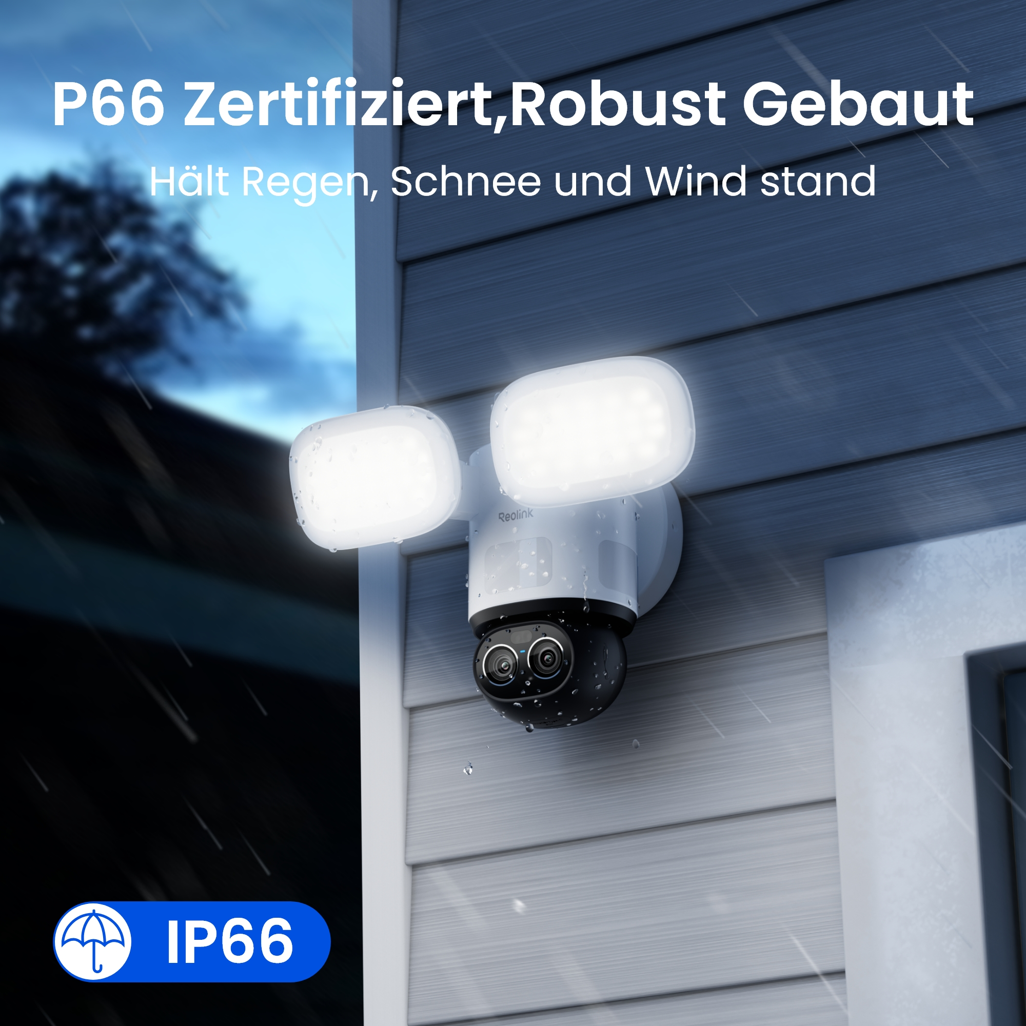 IP66-zertifizierte Kamera mit zwei Lichtern im Regen.