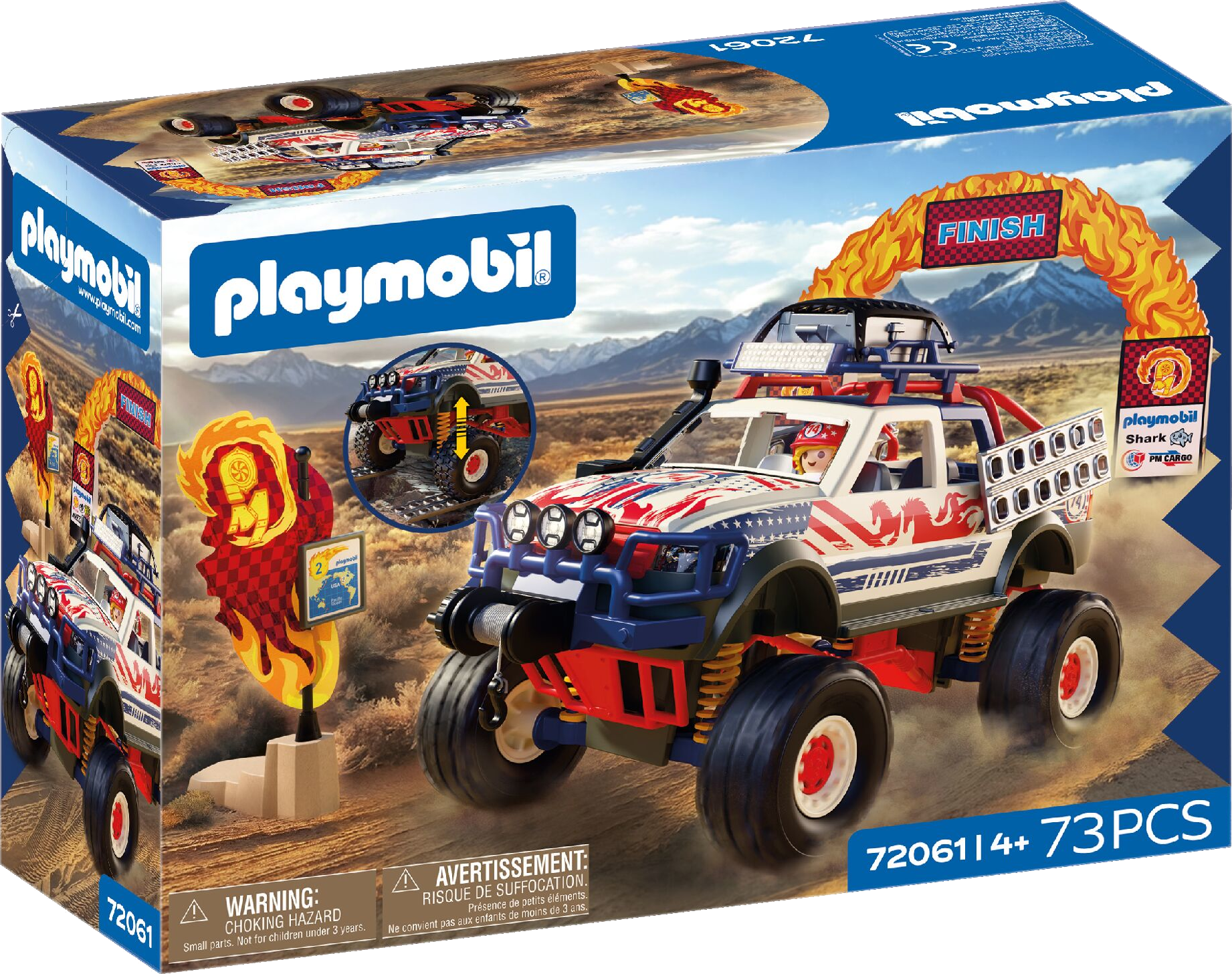 Ein Playmobil-Monster-Truck-Spielzeugset mit einem Rennwagen, der durch einen Flammenbogen fährt.