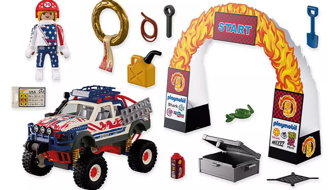 Playmobil Rennfahrer, Truck, Starttor mit Flammen, Benzinkanister und Zubehör.