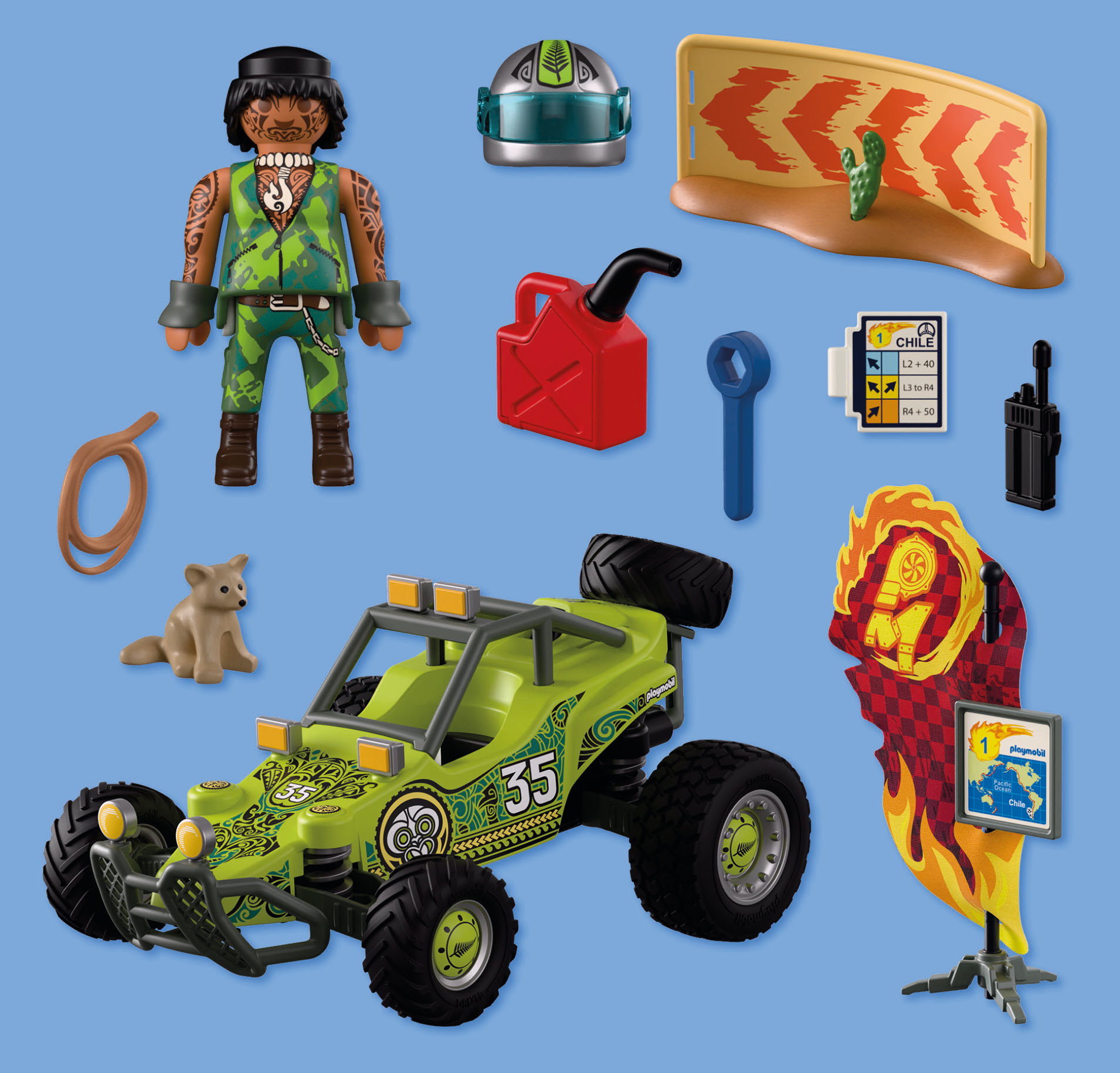 Playmobil-Figuren mit Buggy, Benzinkanister, Werkzeug und Zubehör vor blauem Hintergrund.