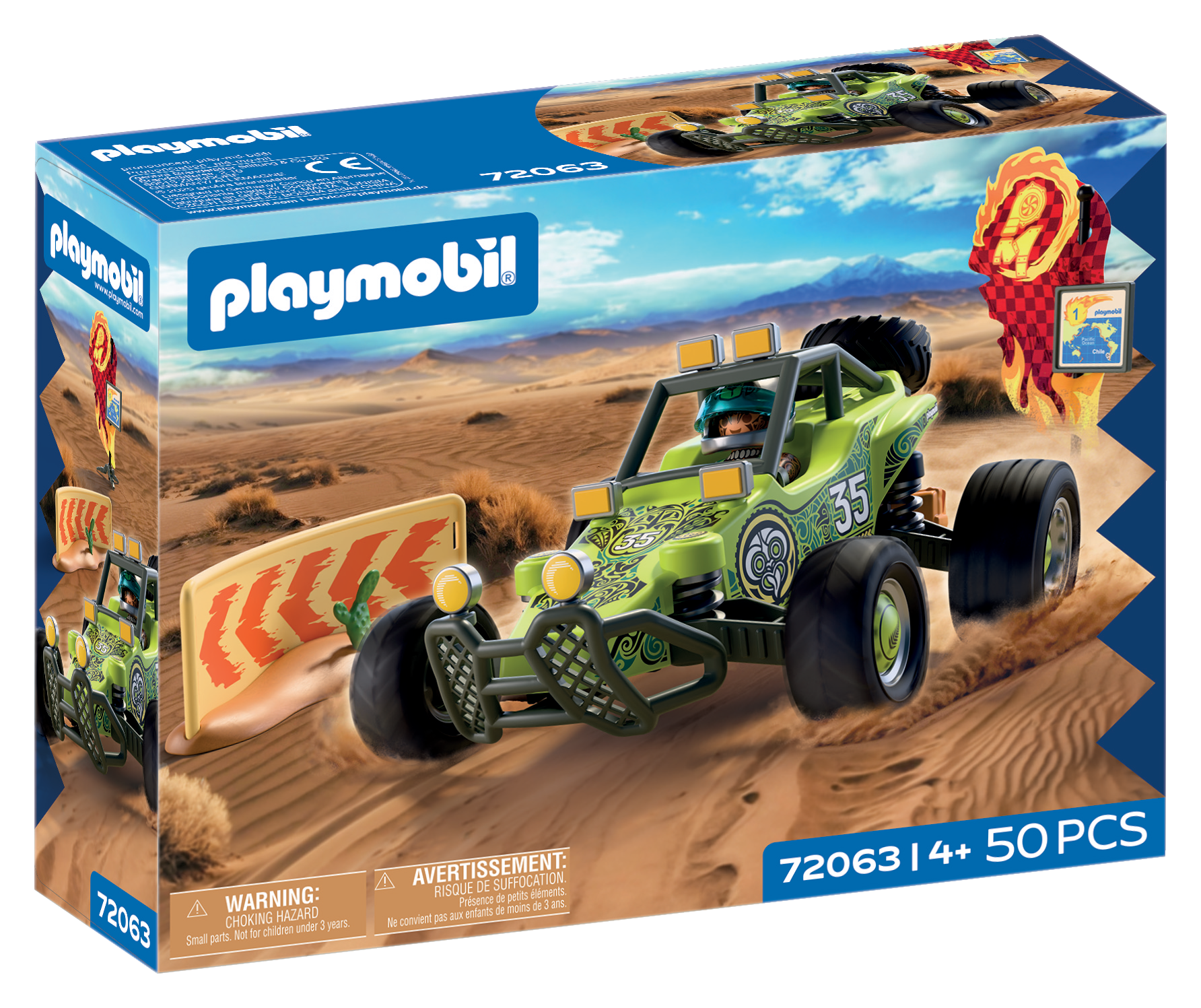 Ein grüner Playmobil-Buggy rast durch die Wüste vor einem blauen Himmel.