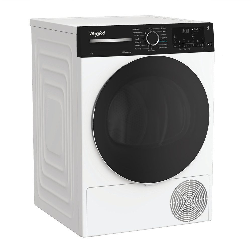 Fehér Whirlpool szárítógép fekete ajtóval és kezelőpanellel.