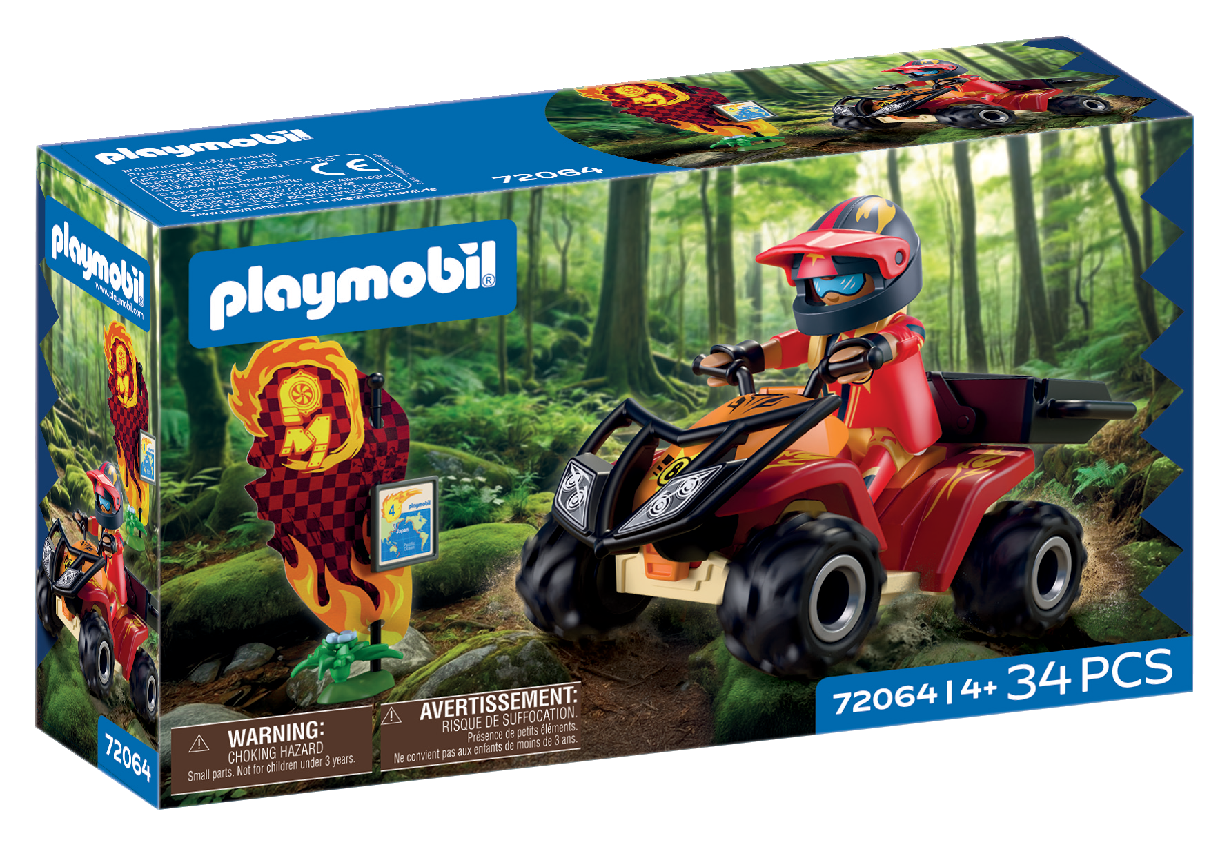 Playmobil Figur auf einem roten Quad im Wald mit einem Fahnenmast.
