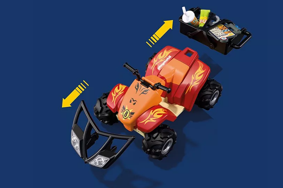 Ein roter und oranger Playmobil-Quad mit Flammenaufklebern und Zubehörbox.