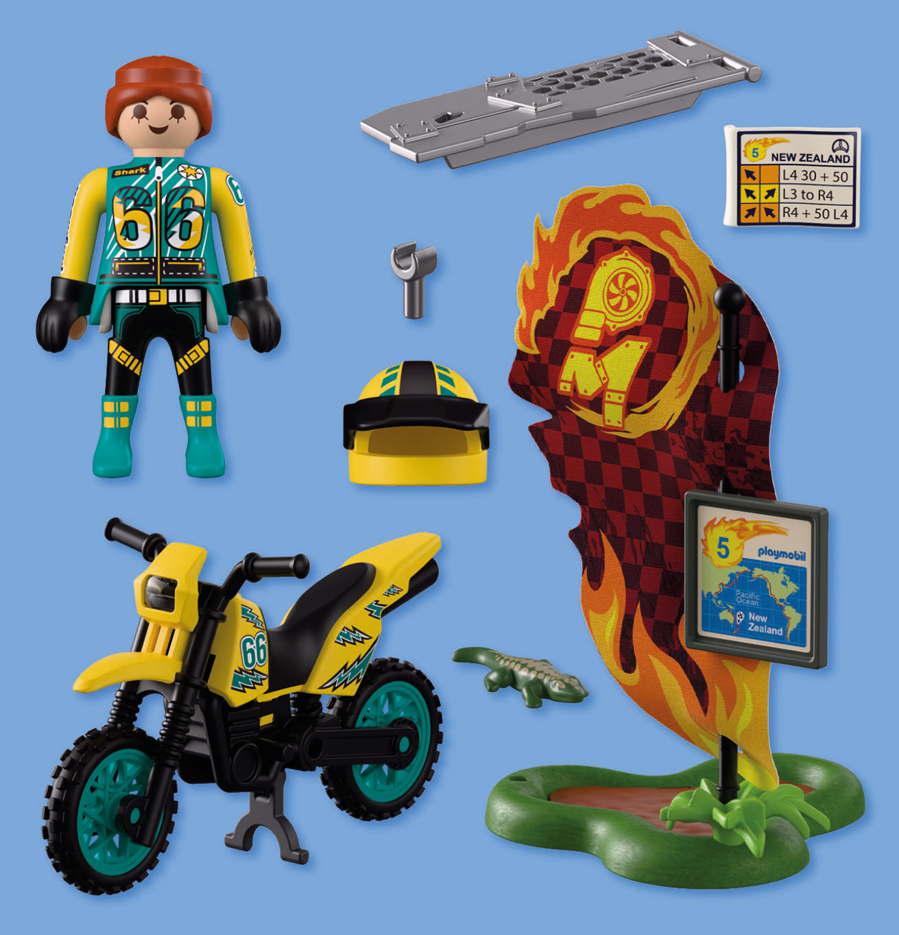Playmobil Figur mit Motorrad, Helm, Werkzeug, Krokodil und Rennflagge.