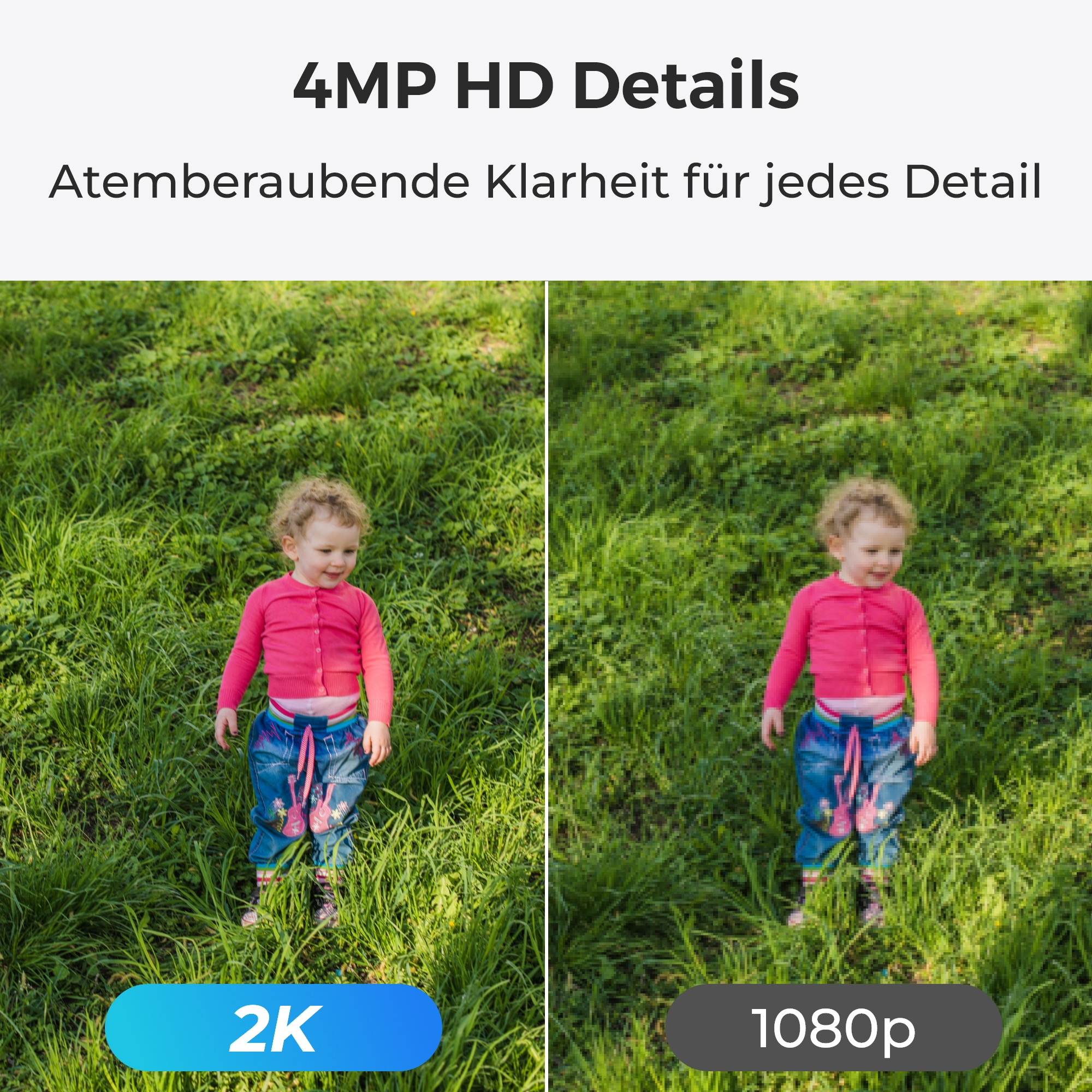 Ein kleines Kind steht im Gras neben einer 2K- und 1080p-Aufnahme.