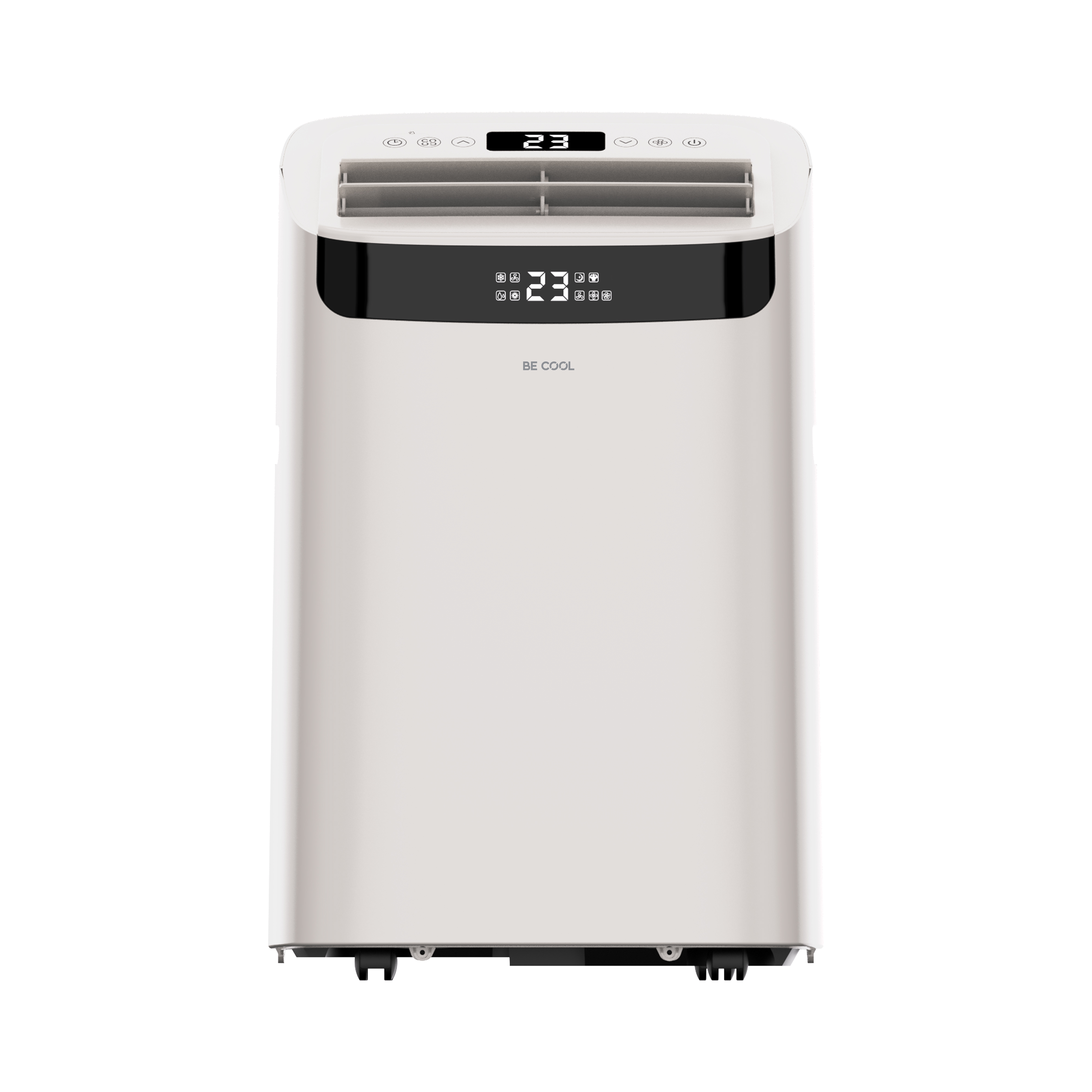 Ein weier tragbarer Klimagert mit digitalem Display zeigt 23 Grad an.
