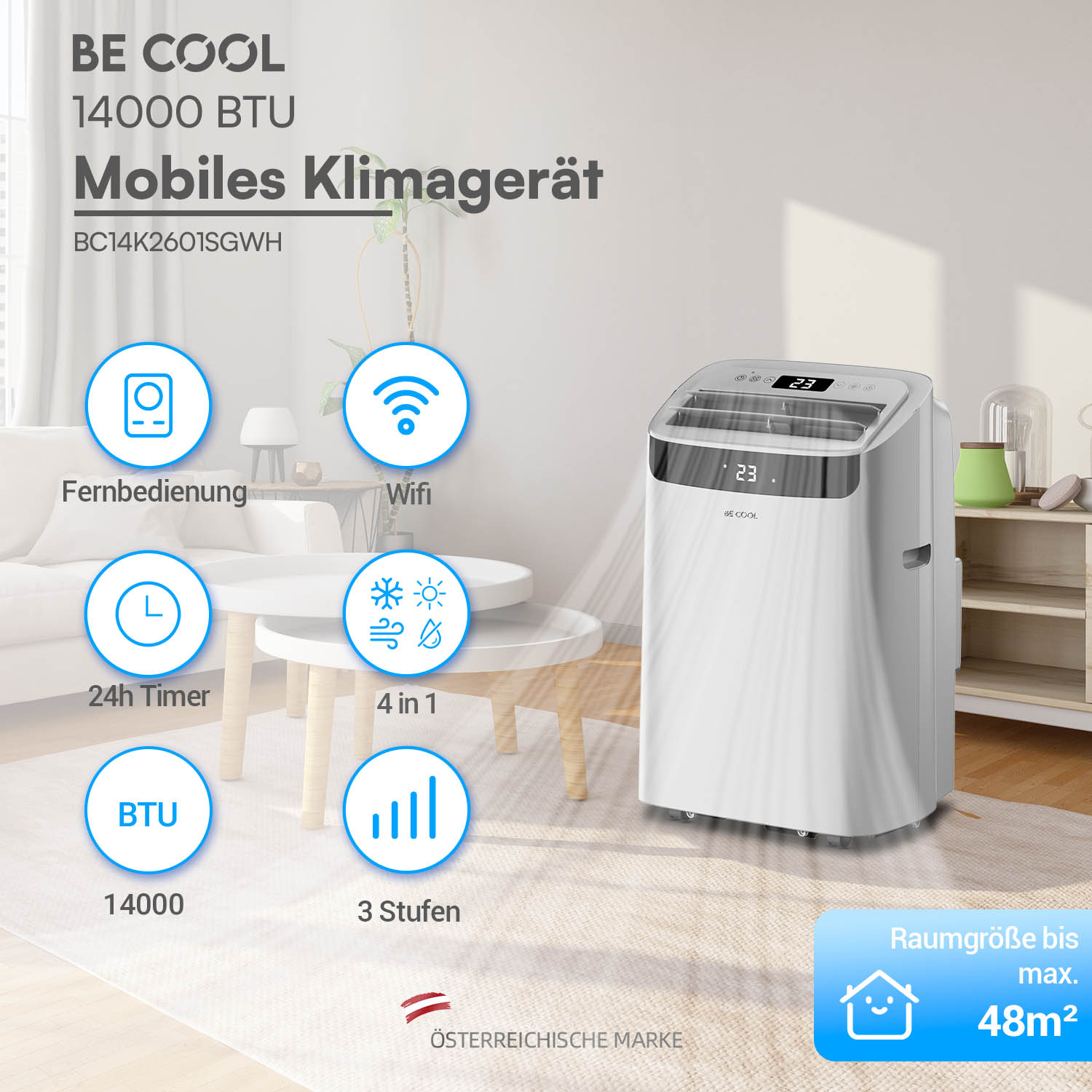 Ein weißes mobiles Klimagerät von BE COOL mit 14000 BTU, steht in einem Wohnzimmer.