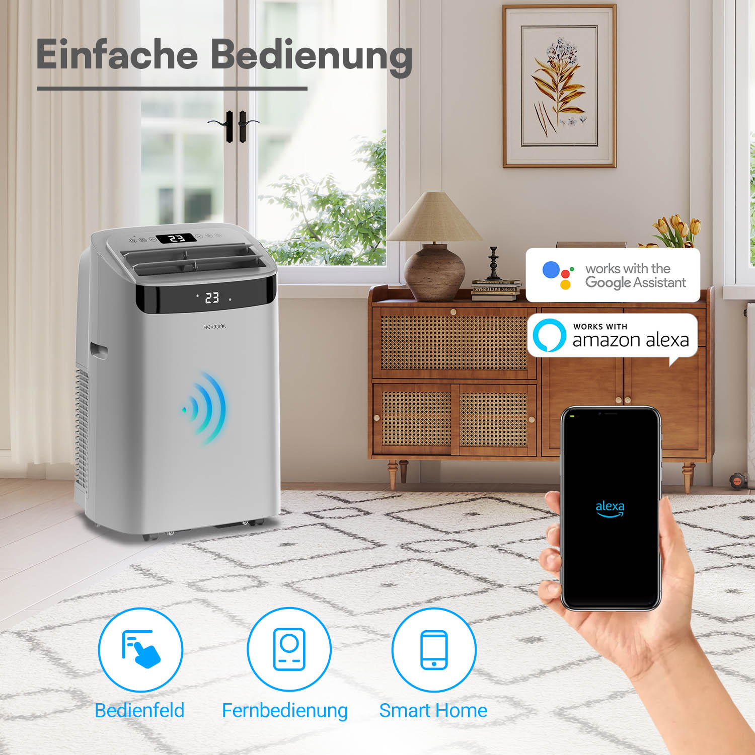 Ein tragbares Klimagerät mit Bedienfeld, Fernbedienung und Smart Home-Optionen.