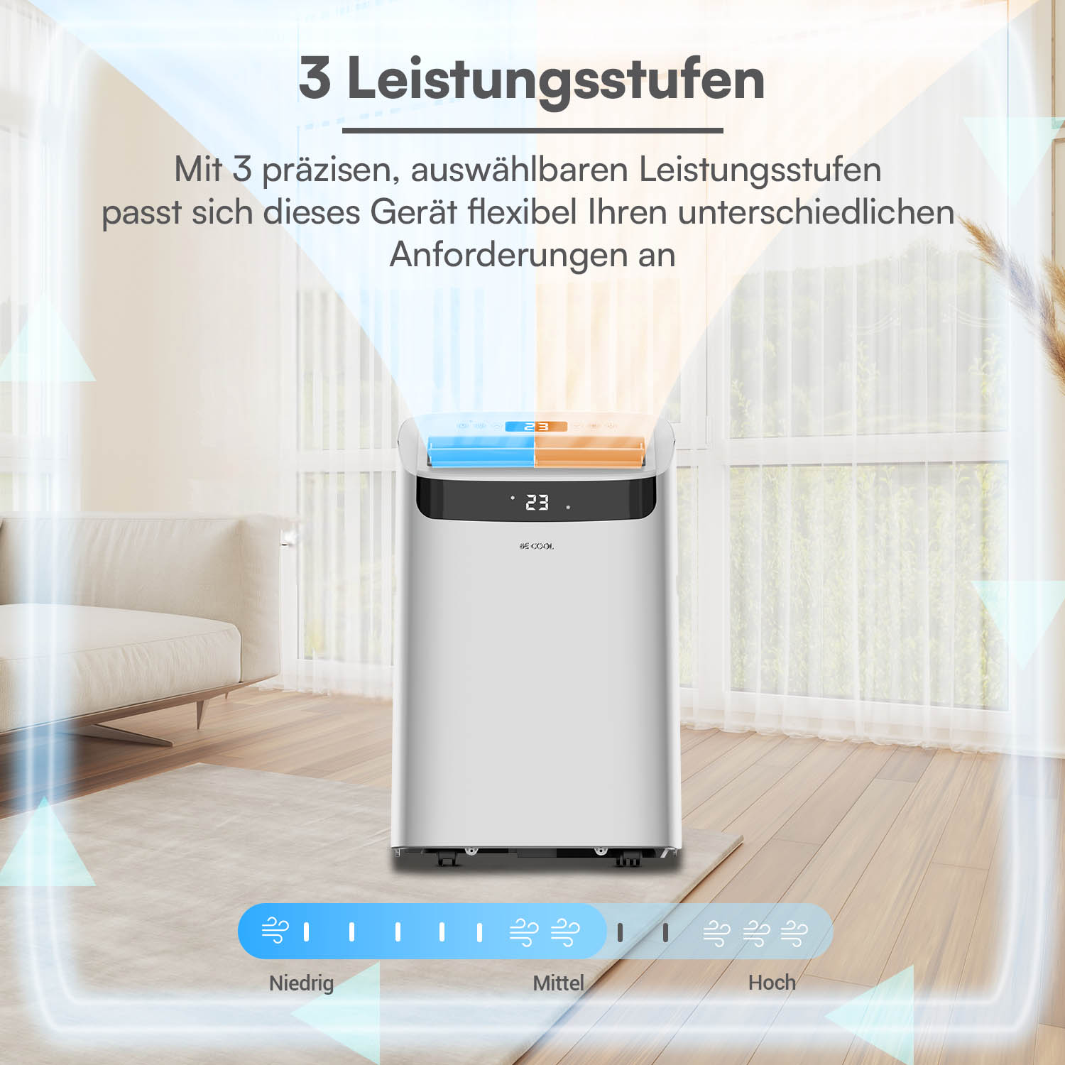 Ein weißer mobiler Klimaanlagen-Turm steht im Raum mit Optionen für niedrige, mittlere und hohe Leistung.