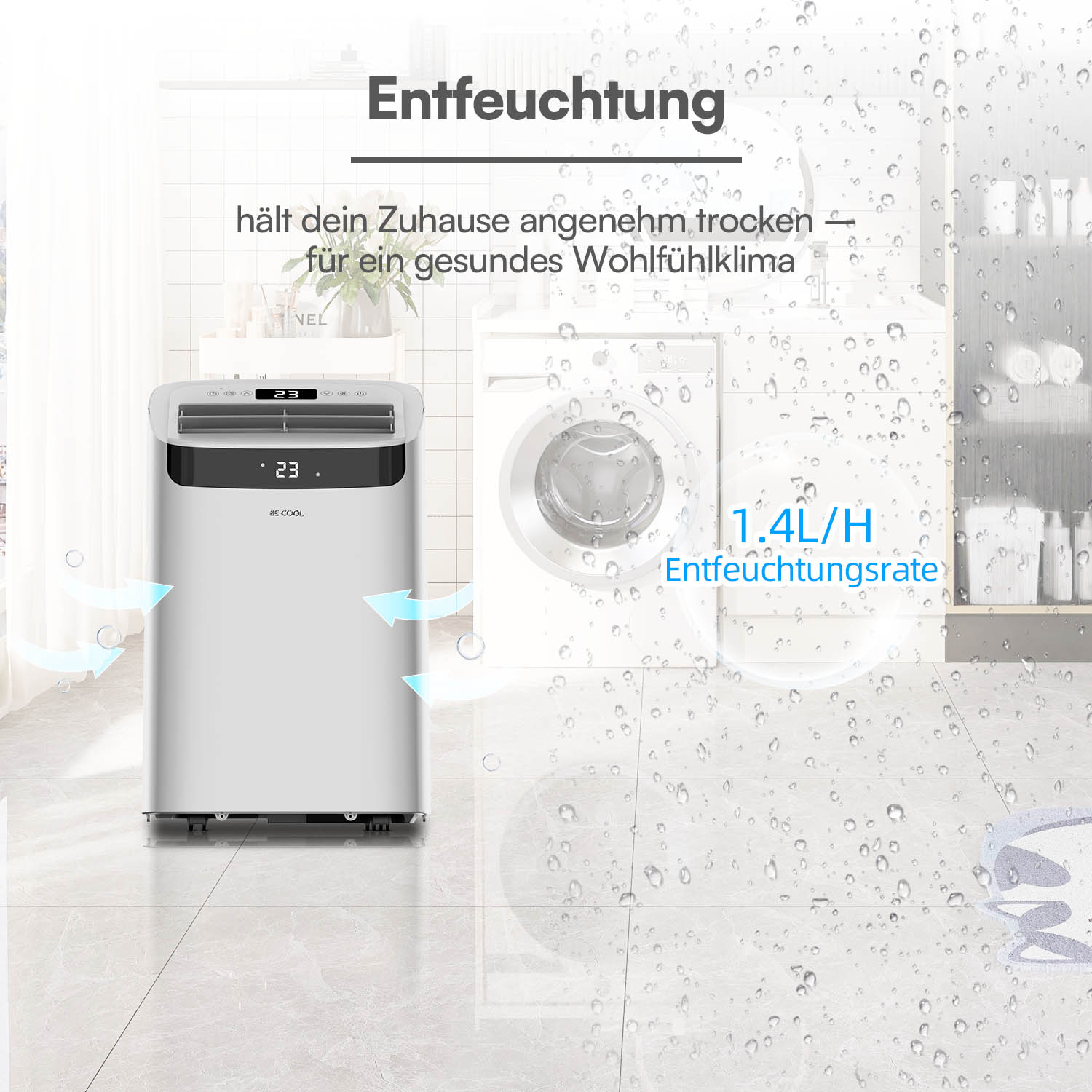Ein weißer Luftentfeuchter steht neben einer Waschmaschine, mit Pfeilen, die Luftstrom anzeigen.
