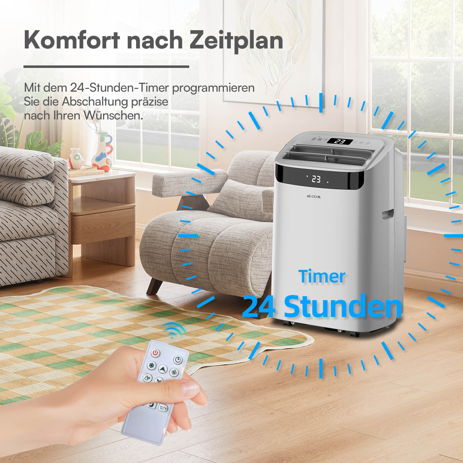Ein weißer, tragbarer Klimaanlage mit Fernbedienung, Timer 24 Stunden.
