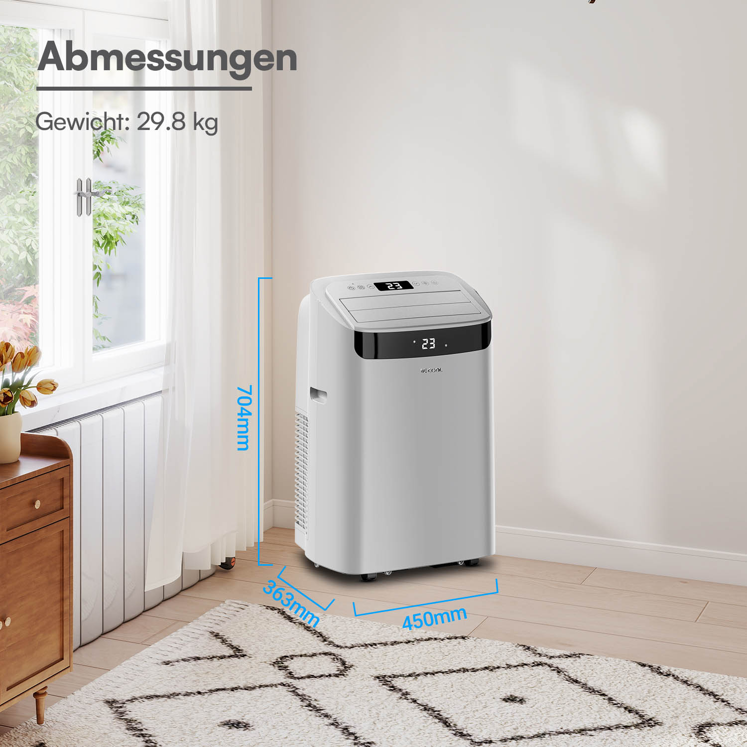 Ein weißer mobiler Klimaanlagen-Entfeuchter mit digitalen Anzeigen steht auf einem Holzboden.