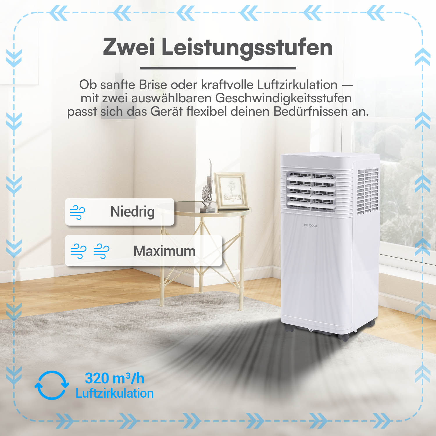Ein weißes Klimagerät mit zwei Lüftergeschwindigkeitsstufen: Niedrig und Maximum.