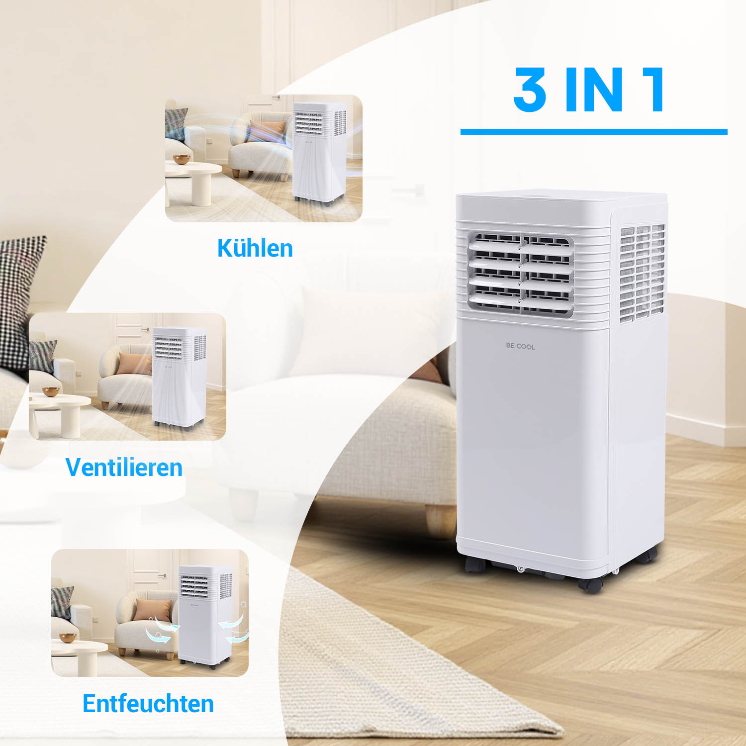 Ein weißer 3-in-1-Luftkühler wird in einem Wohnzimmer gezeigt.