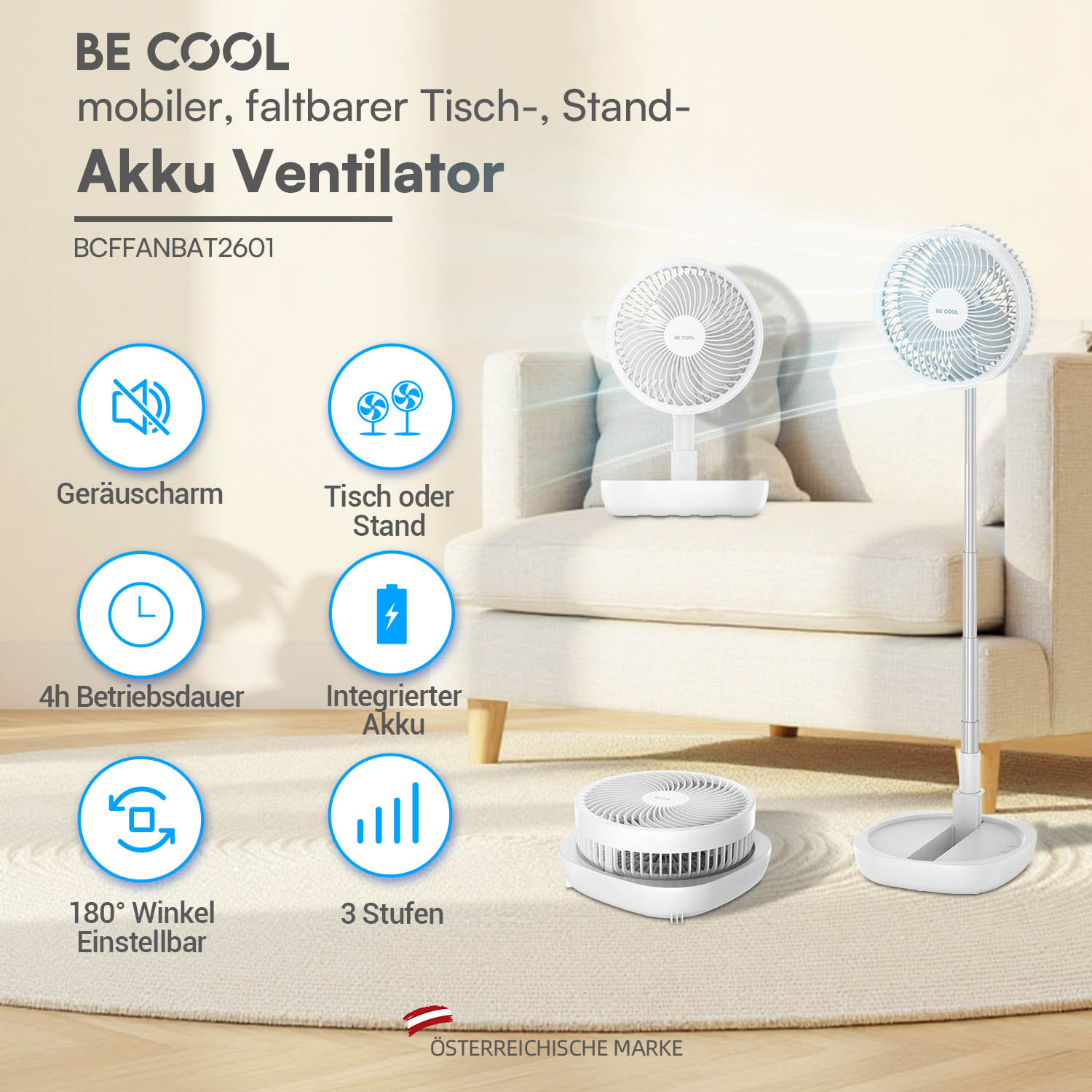 Ein weißer, mobiler Akku-Ventilator von BE COOL, auf einem Tisch oder als Standgerät nutzbar.