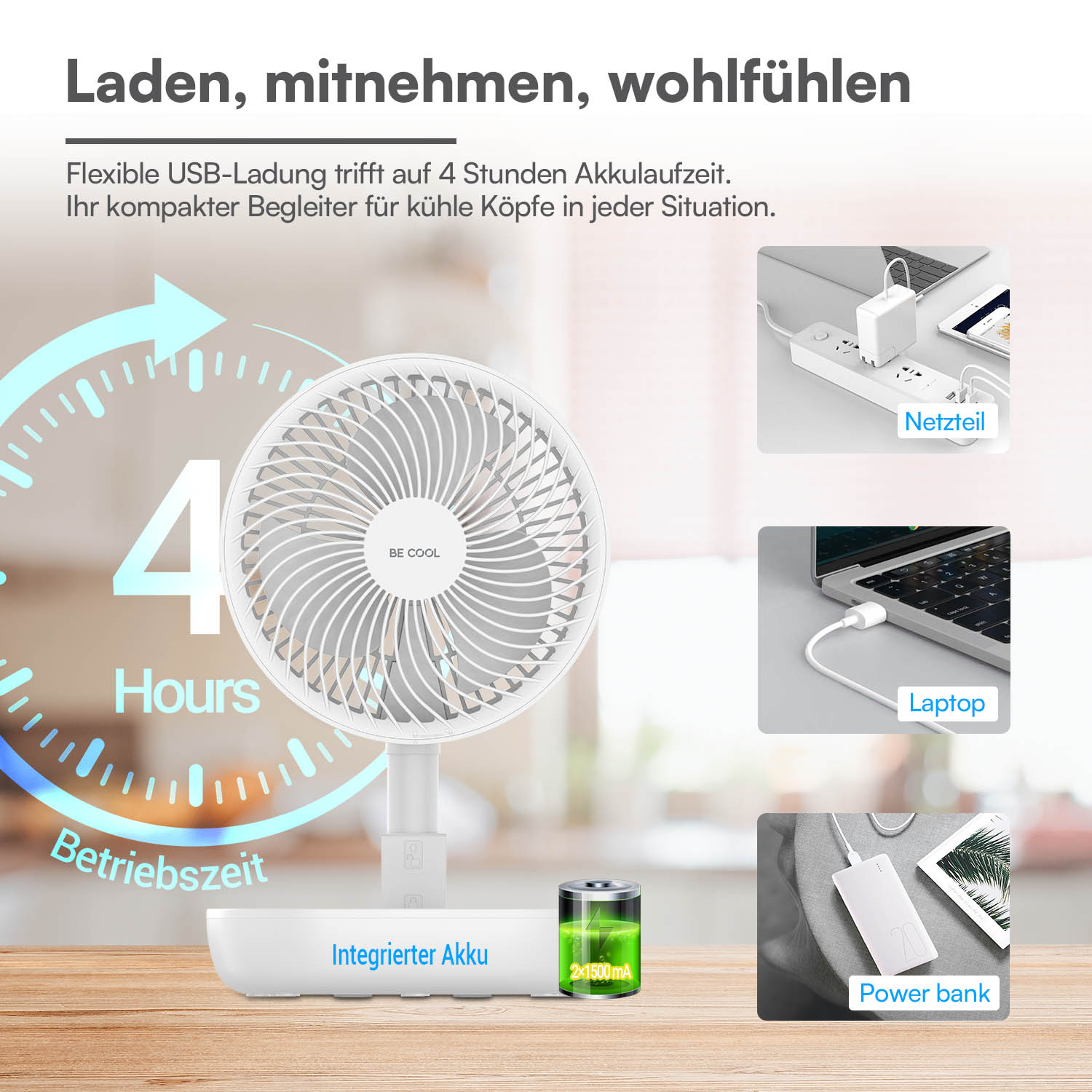 Ein weißer Ventilator mit integriertem Akku und Ladeoptionen.