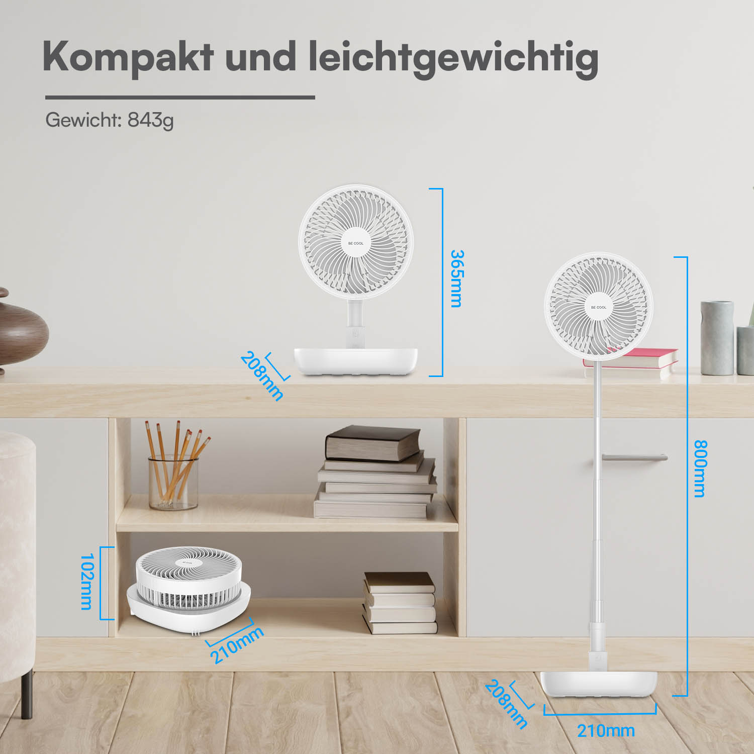Kompakter und leichter Ventilator auf einem Regal, Maße angegeben.