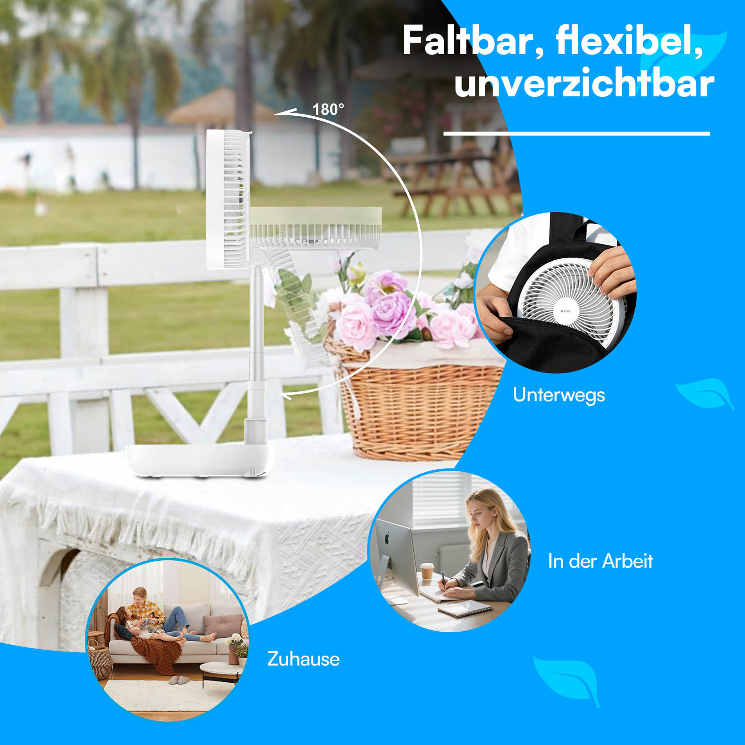 Ein weißer Ventilator steht auf einem Tisch im Freien. Daneben ein Korb mit Blumen.