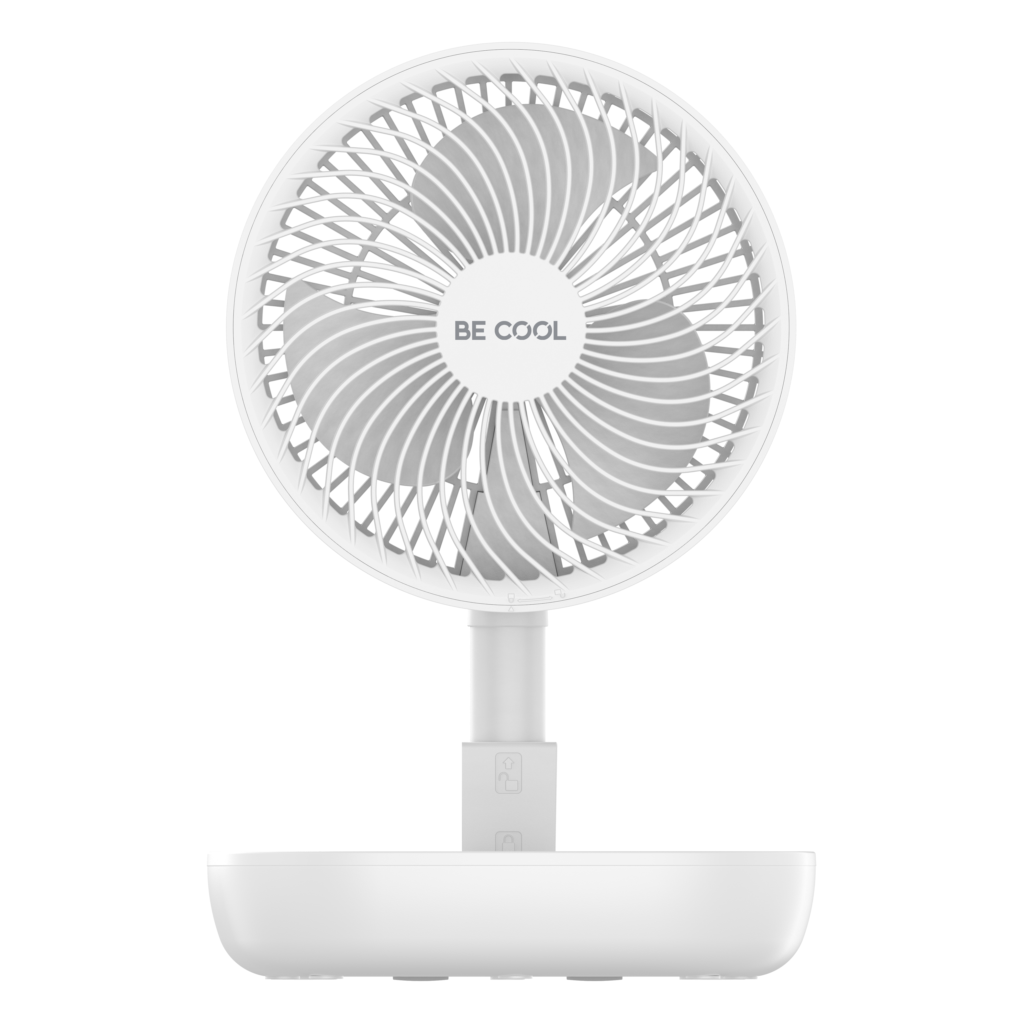 Ein weißer, zusammenklappbarer Ventilator mit der Aufschrift „BE COOL“ auf dem Gitter.
