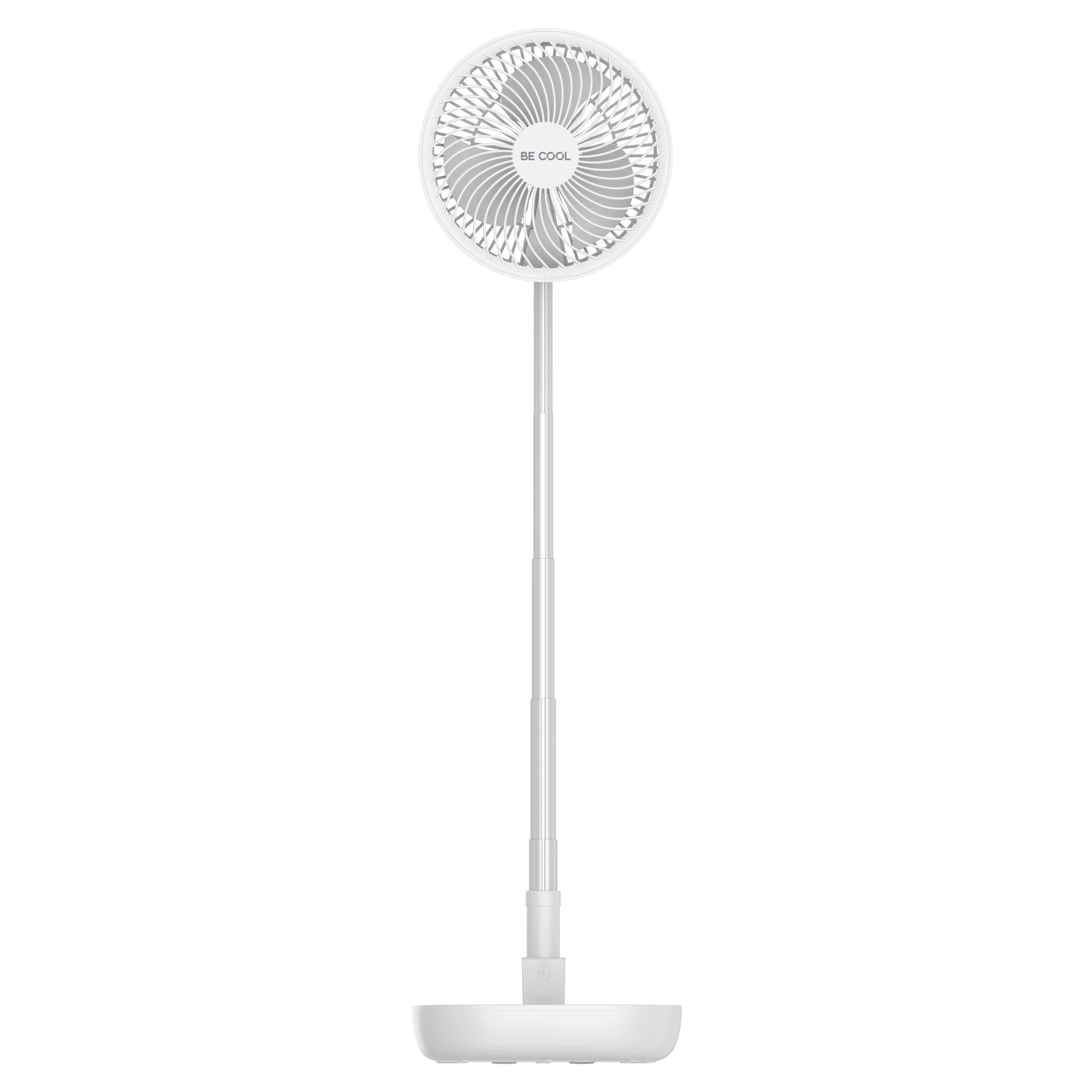 Ein weißer Standventilator mit ausziehbarem Stiel und rundem Sockel.