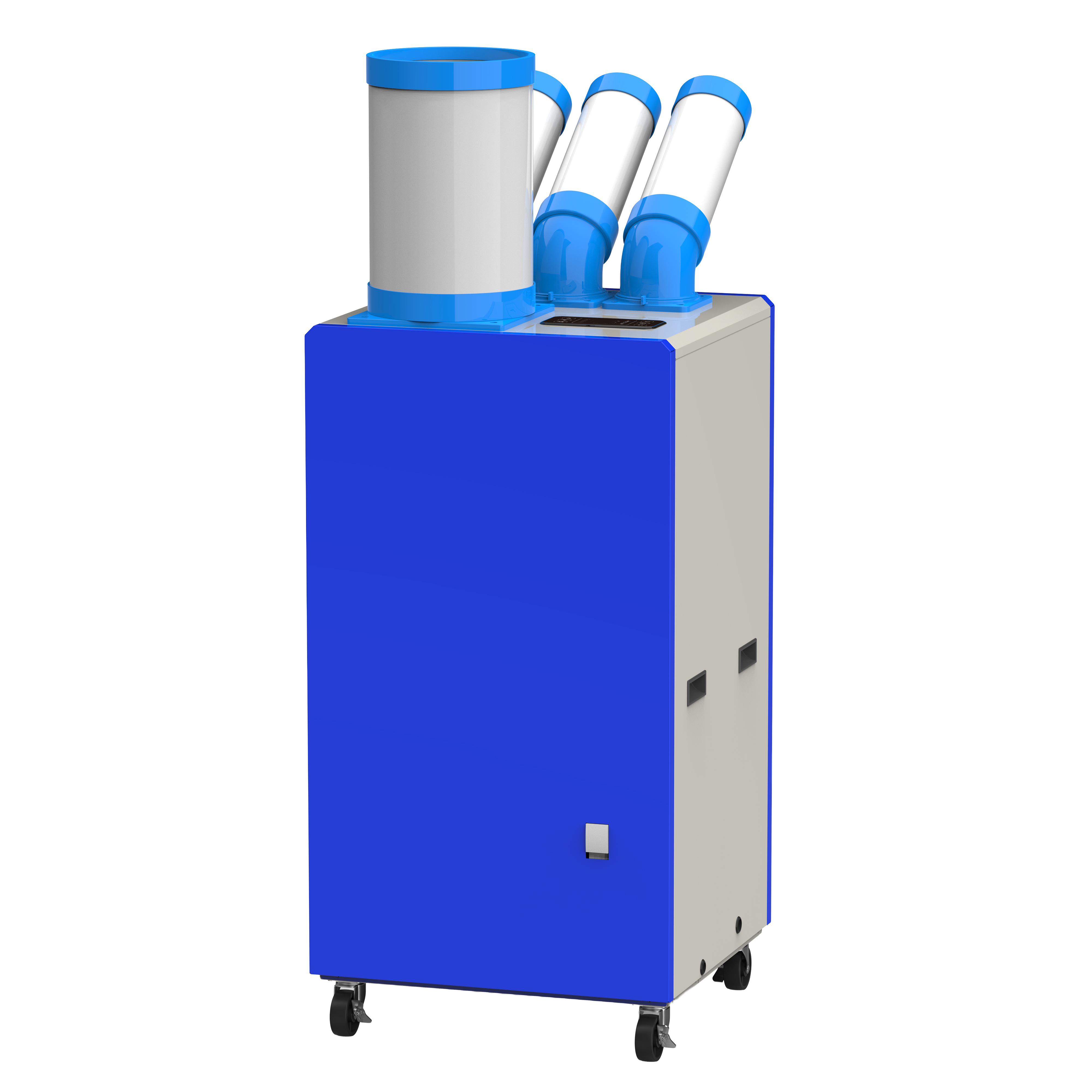 Ein blau-graues Gerät mit drei Rohren und Rollen.