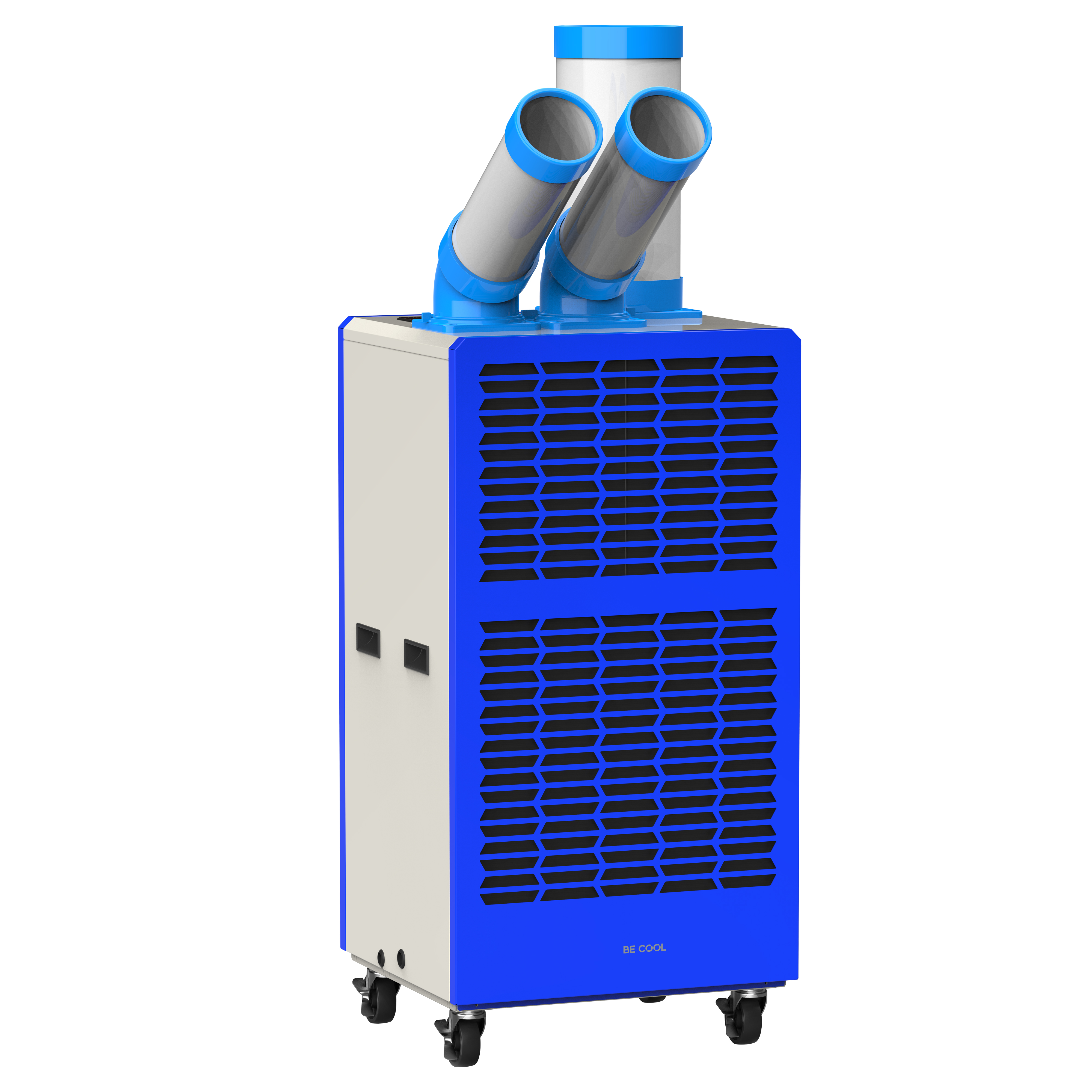 Ein tragbares Klimagerät mit blauen und weißen Akzenten, Rollen und zwei Abluftrohren.