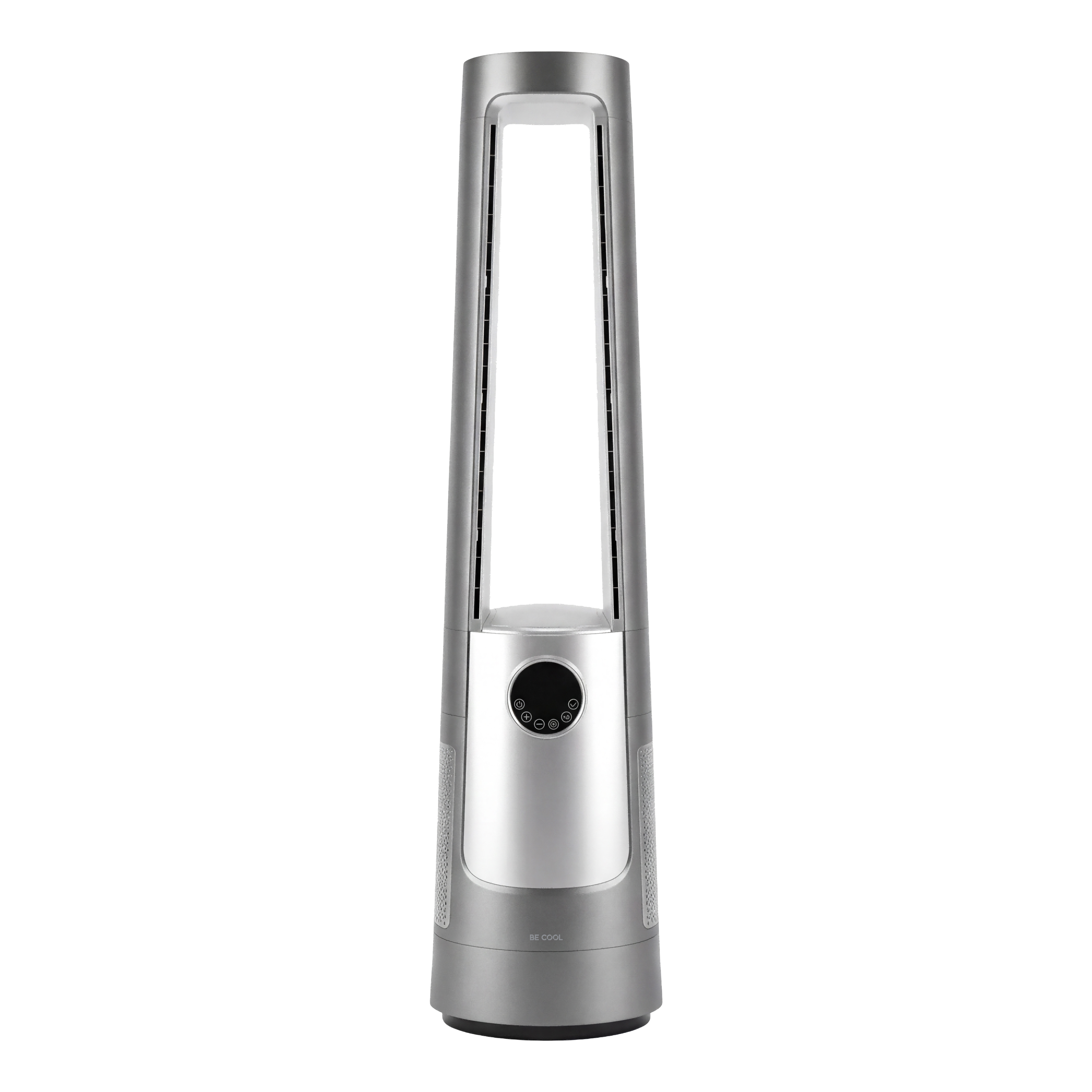 Silberner Turmventilator mit digitalem Bedienfeld und Lüftungsschlitzen.
