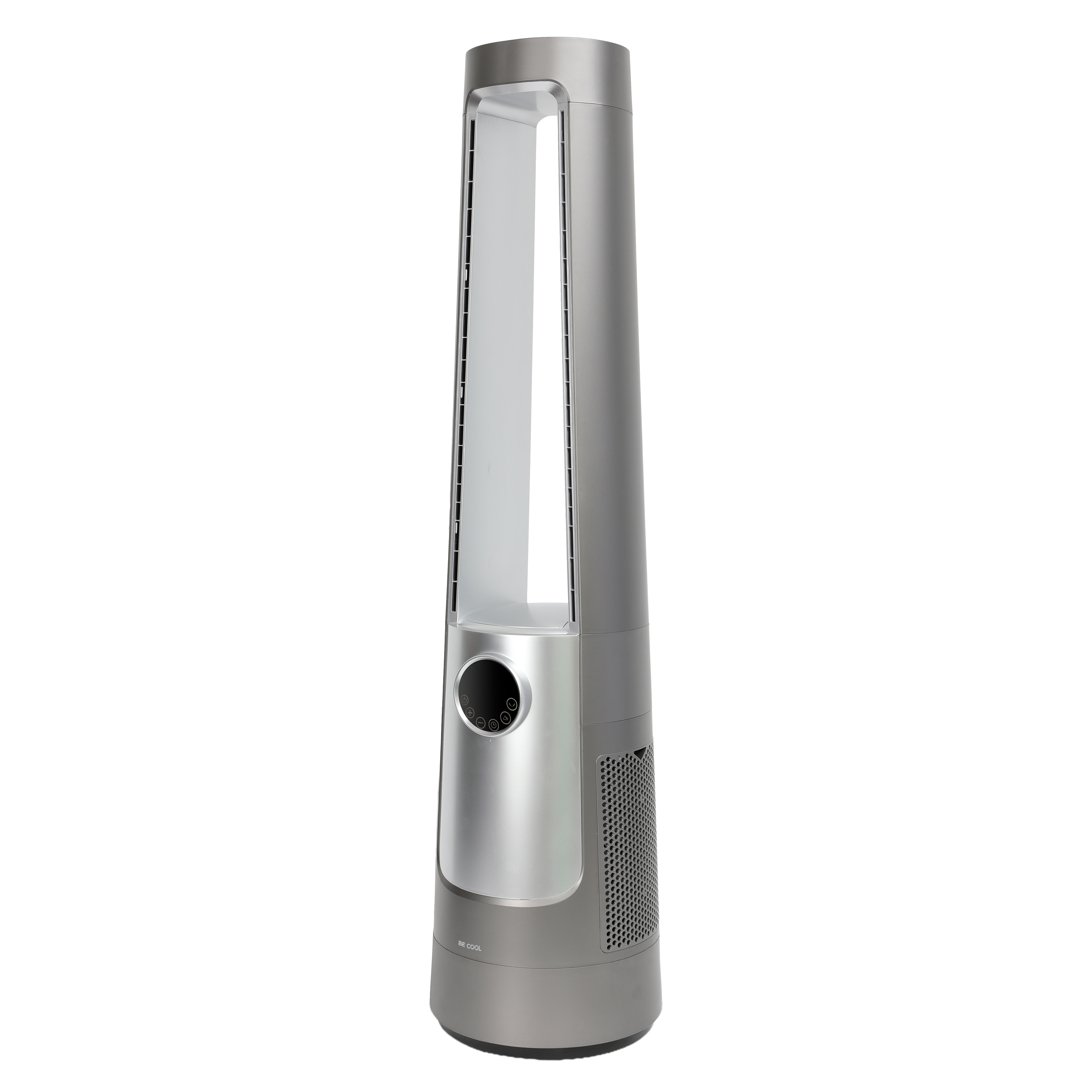 Ein schlanker, grauer Turmventilator mit silbernen Akzenten und einem Bedienfeld.