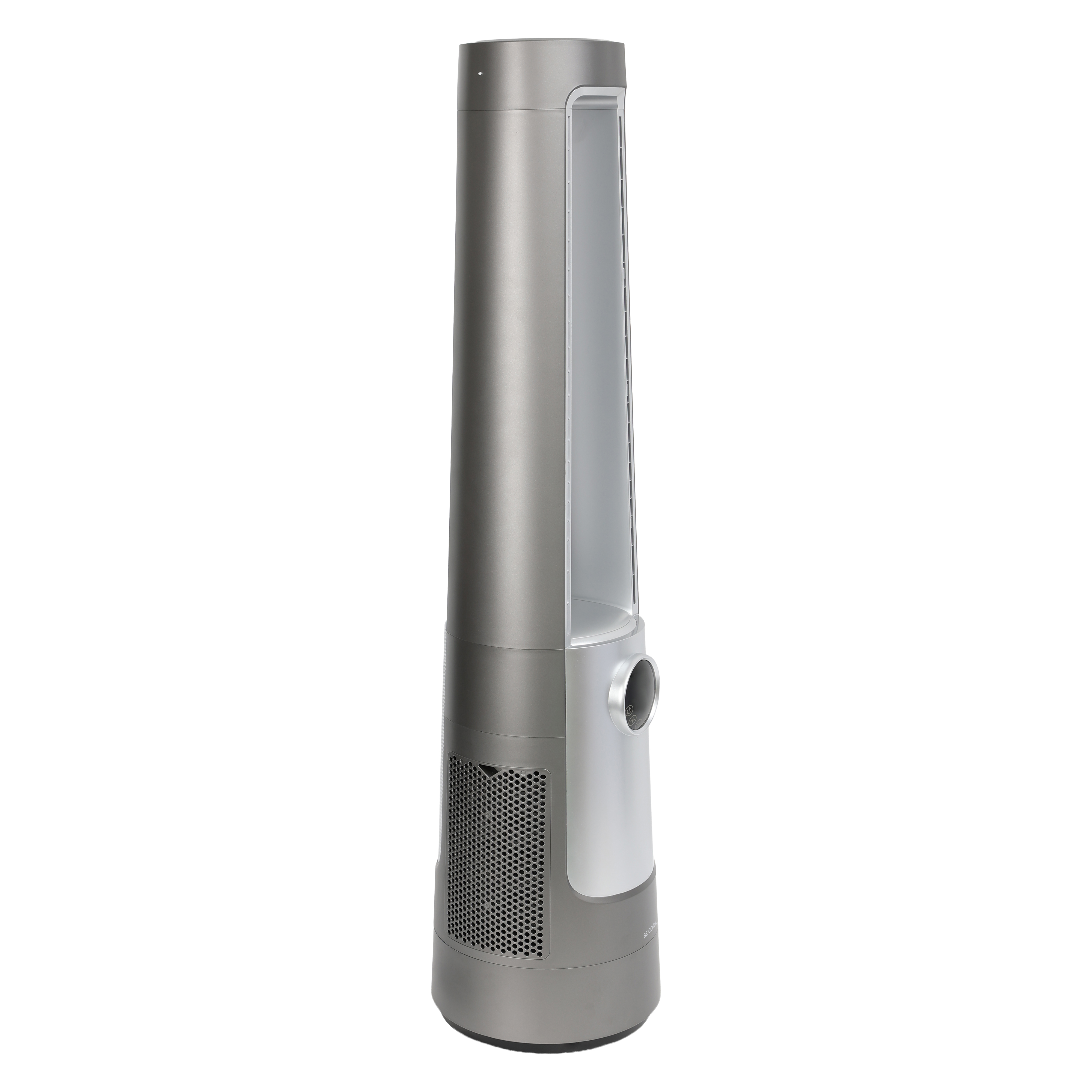 Ein schlanker, grauer Turmventilator mit silbernen Akzenten und Lüftungsgitter.