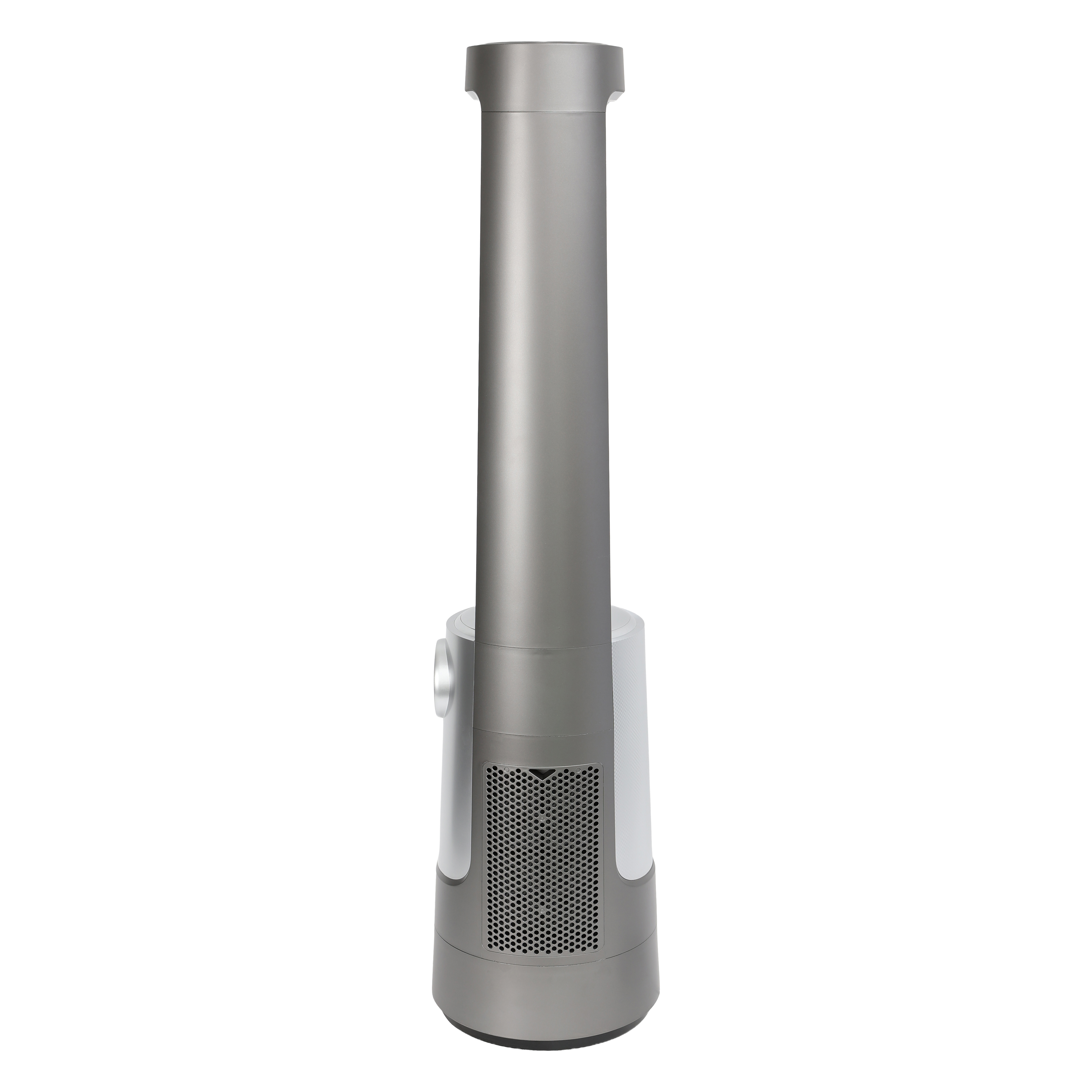 Ein schlanker, grauer Turmventilator mit perforiertem Gitter an der Basis.