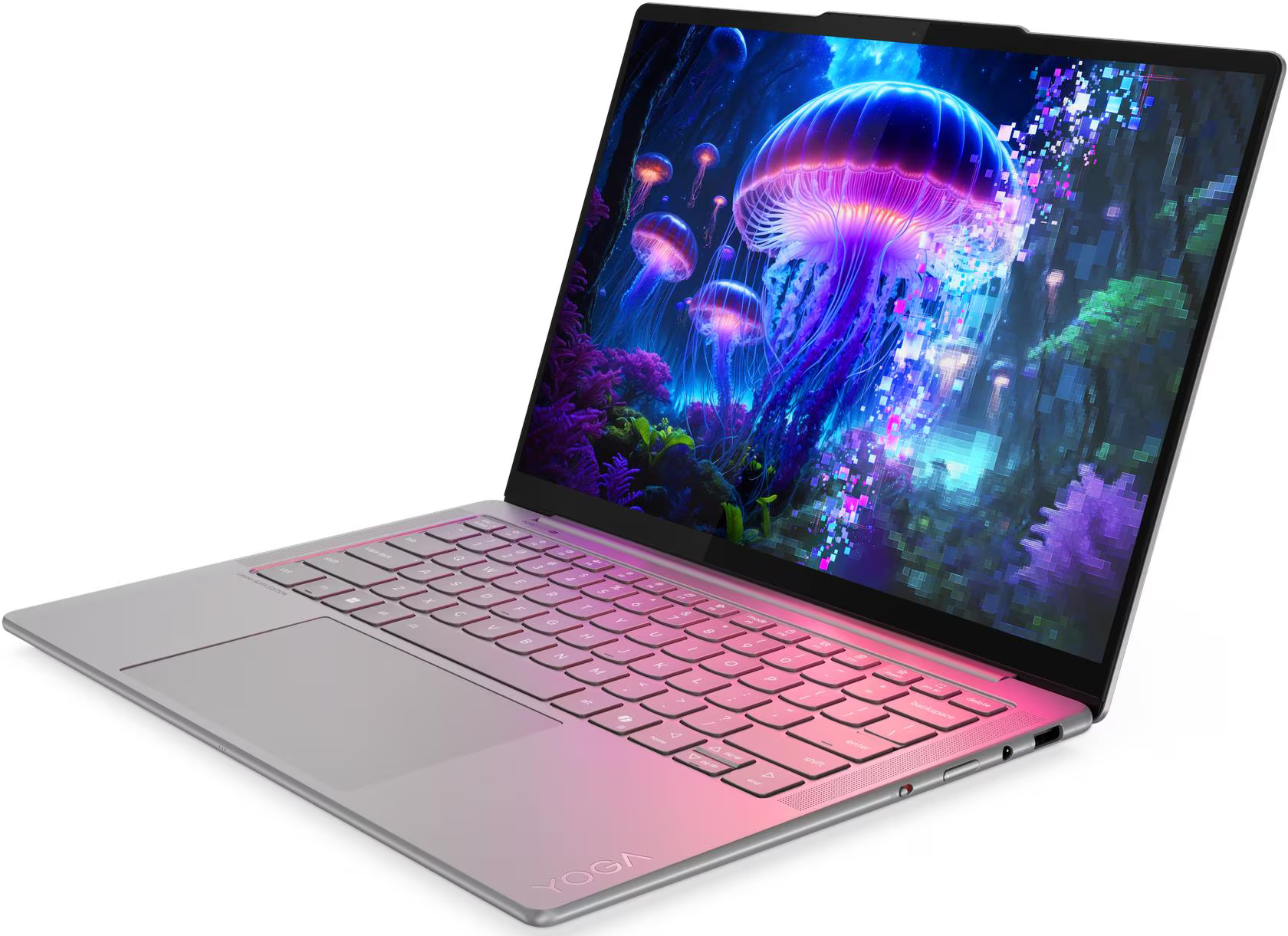 Egy rózsaszín és ezüst laptop élénk, rózsaszín és kék színű medúza képernyővédőt jelenít meg.