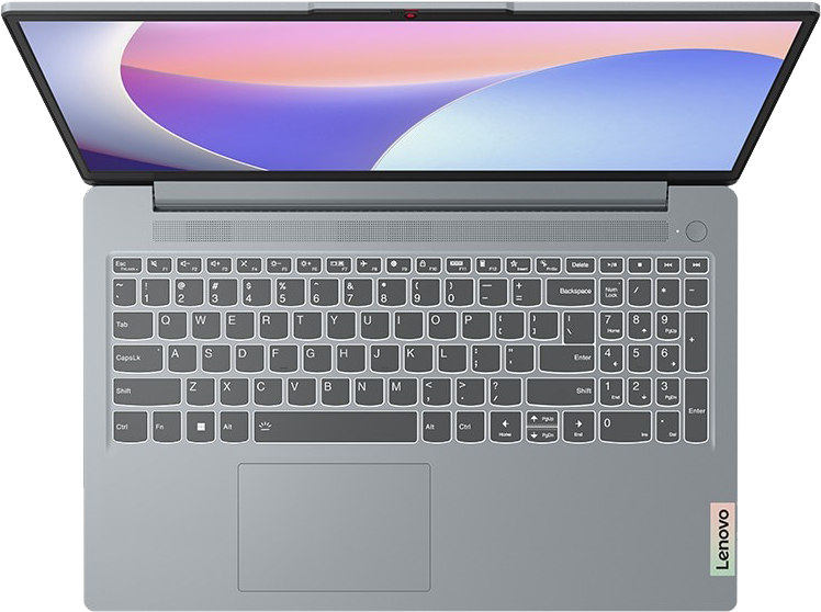 Szürke laptop nyitott képernyővel. Billentyűzet és érintőpad látható.