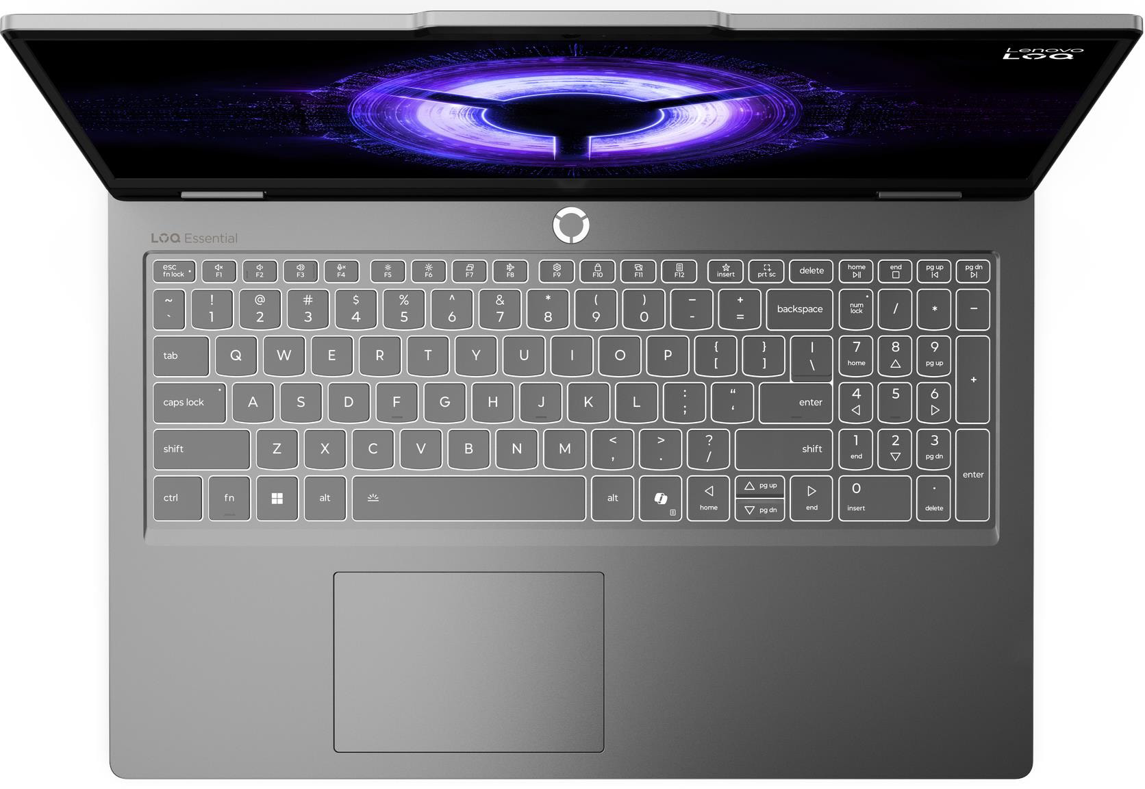 Egy nyitott, szürke laptop világító billentyűzettel és lila mintával a képernyőn.