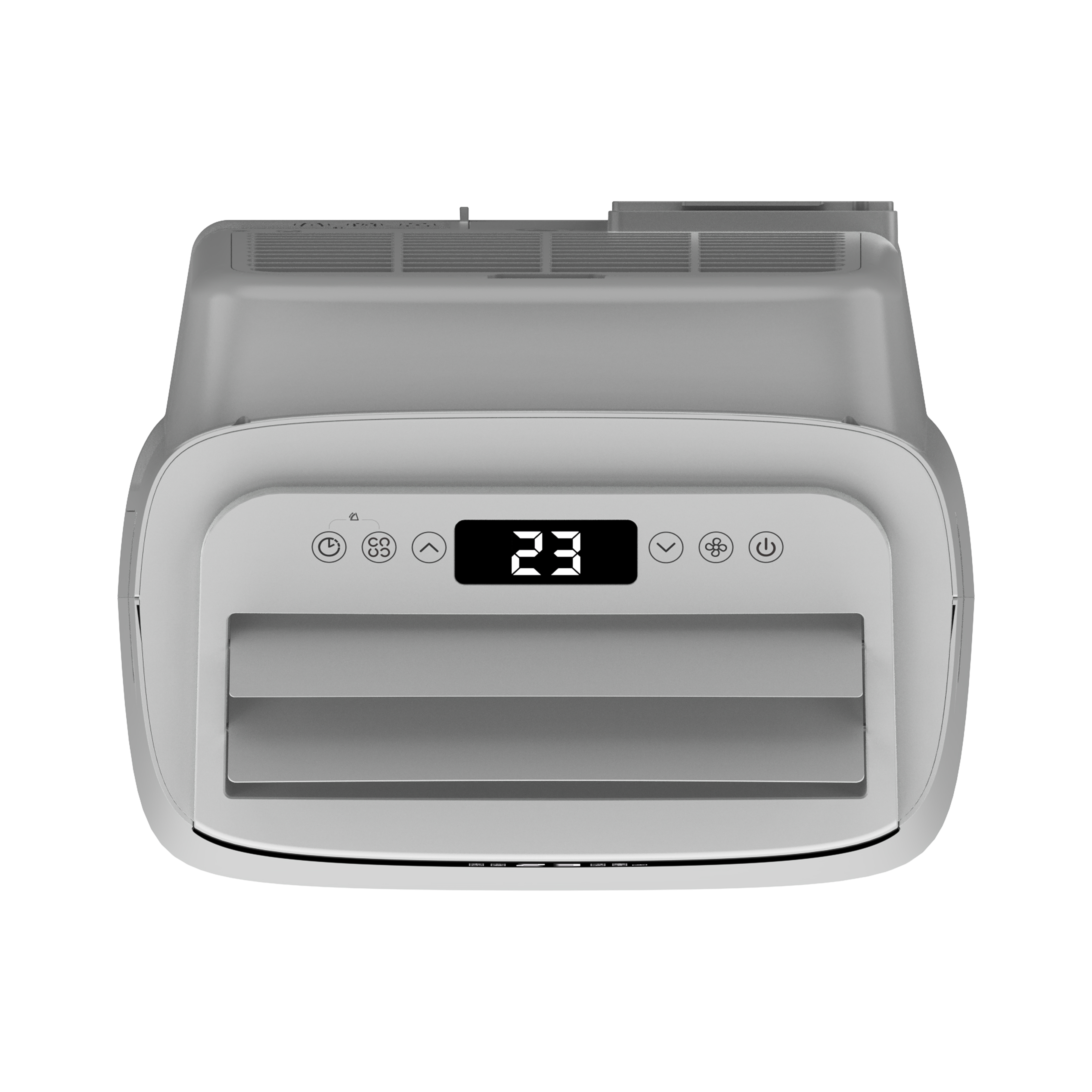 Ein graues Klimagerät mit digitaler Anzeige 23 und Bedienelementen.