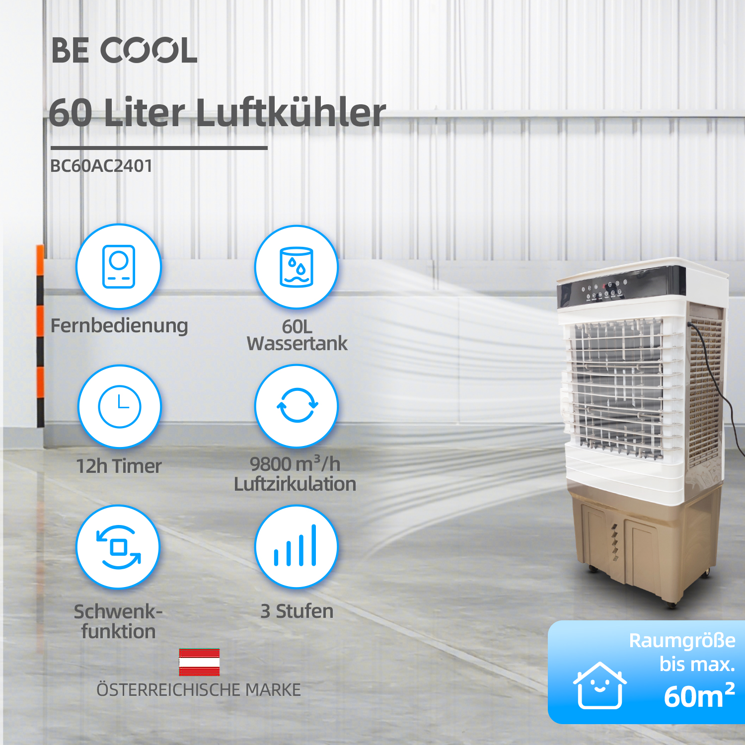 BE COOL 60L Luftkühler mit Fernbedienung, Timer, Oszillation, 3 Stufen, 60m² Abdeckung.