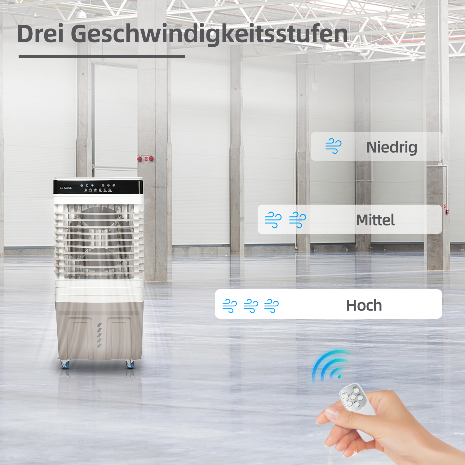 Luftkühler mit drei Geschwindigkeitsstufen: Niedrig, Mittel, Hoch.
