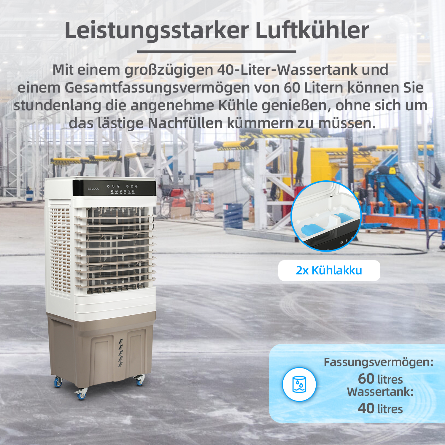 Leistungsstarker Luftkühler mit 40L Wassertank und 60L Kapazität, inklusive 2 Kühlakkus.