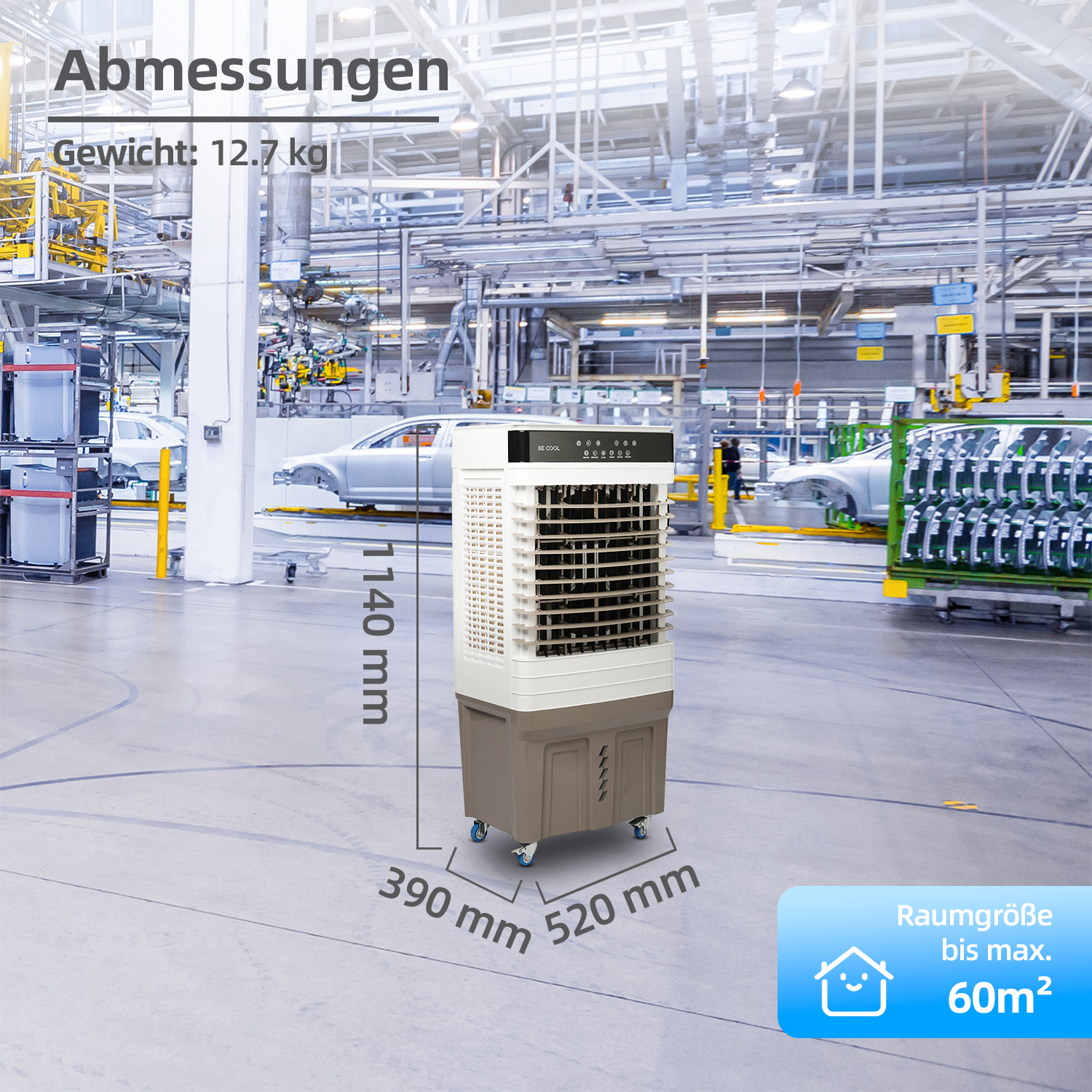 Ein klimaanlage im werk mit maßen und gewicht.