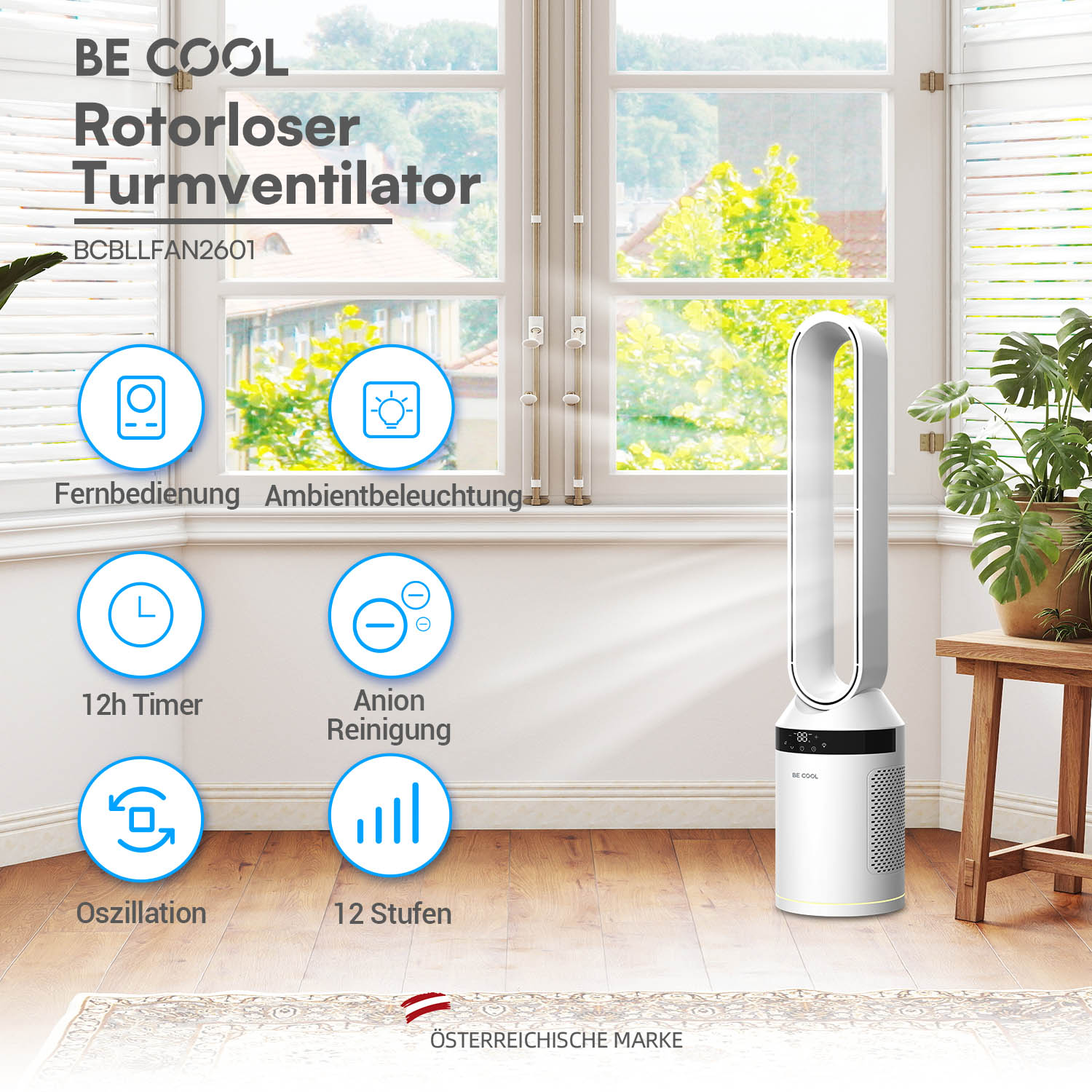 Weißer turmloser Ventilator mit Fernbedienung, 12h Timer, Anionenreinigung, Oszillation.