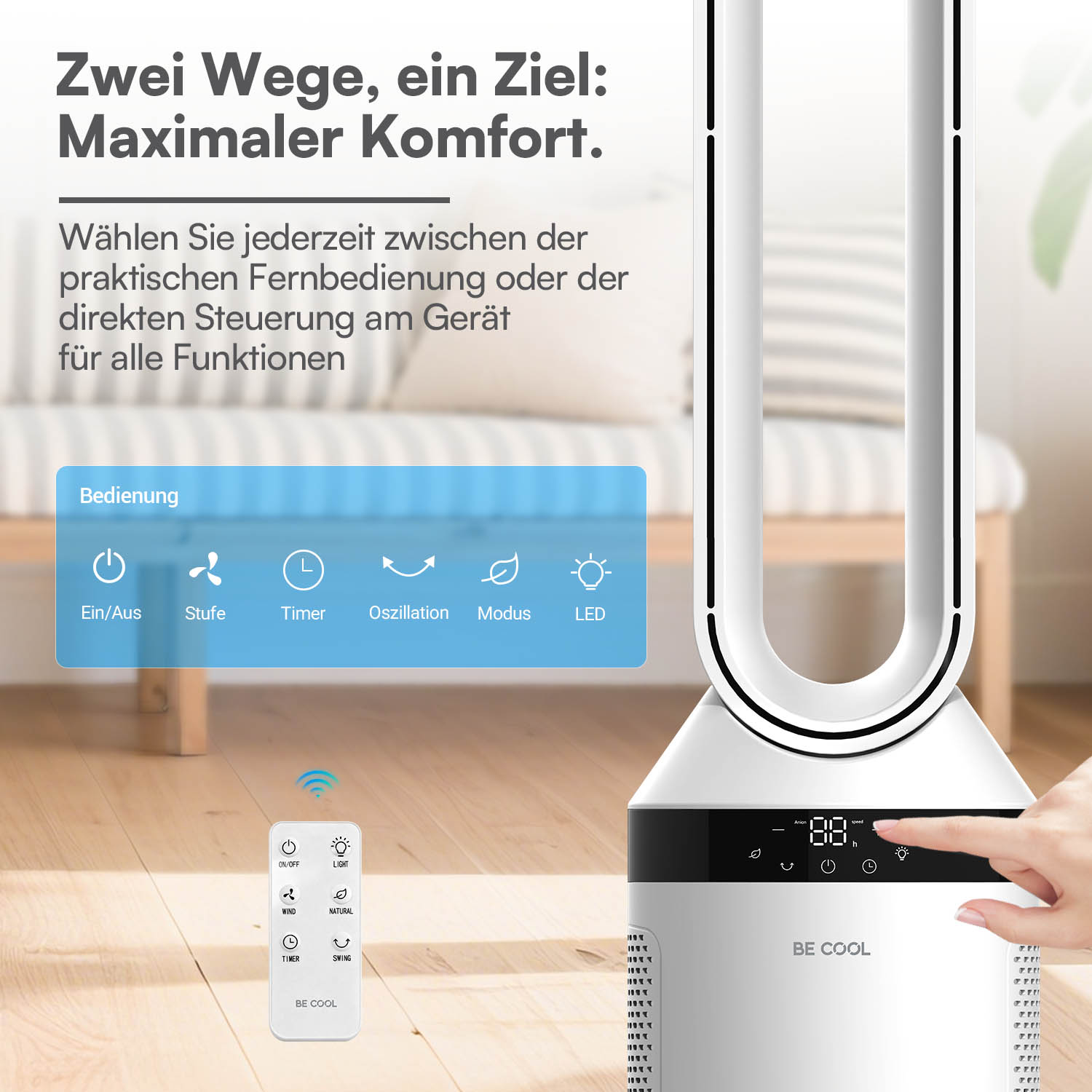 Ein weißer Turmventilator mit Fernbedienung auf dem Boden. Text auf Deutsch.