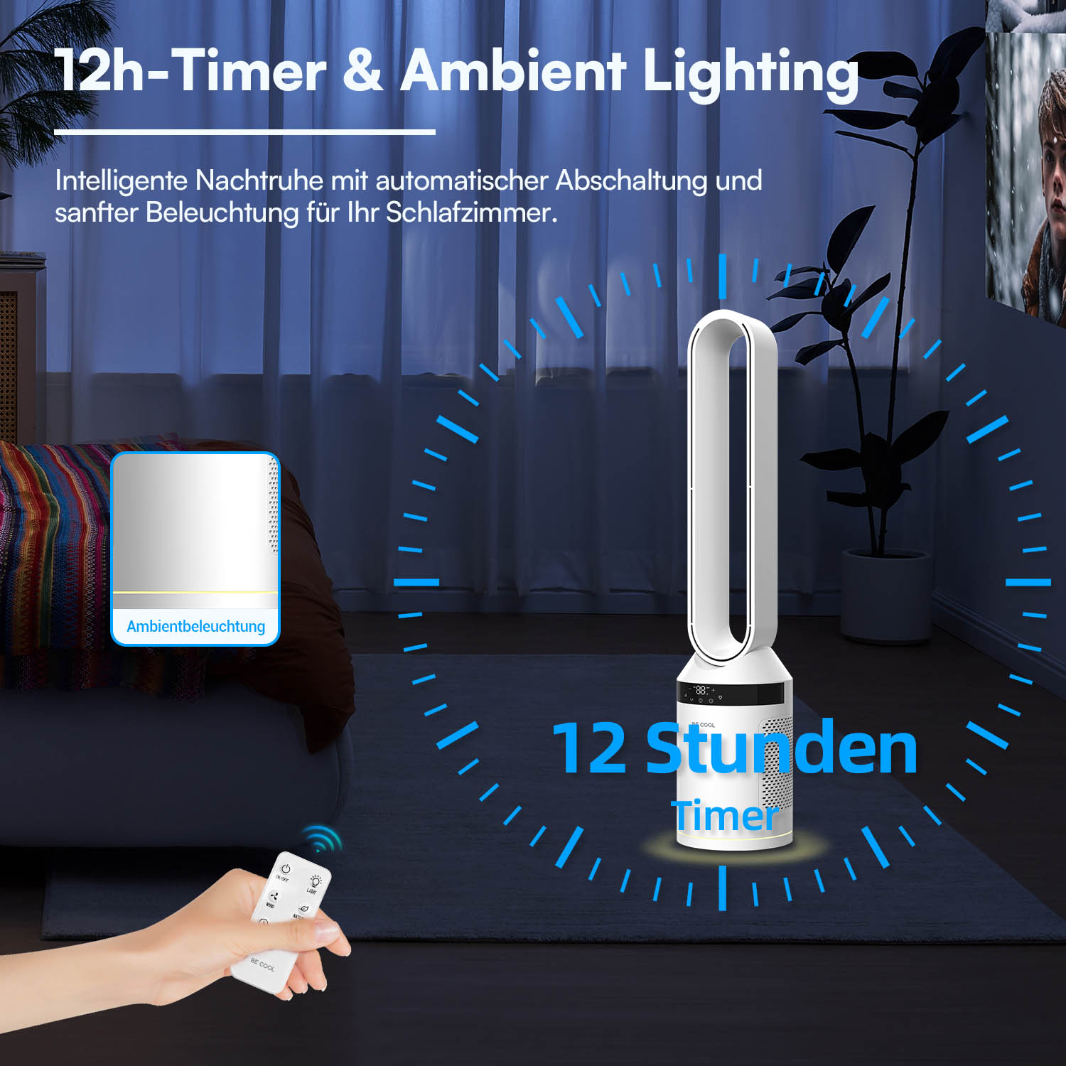 Ein Turmventilator mit Timer und Umgebungslicht in einem Schlafzimmer.