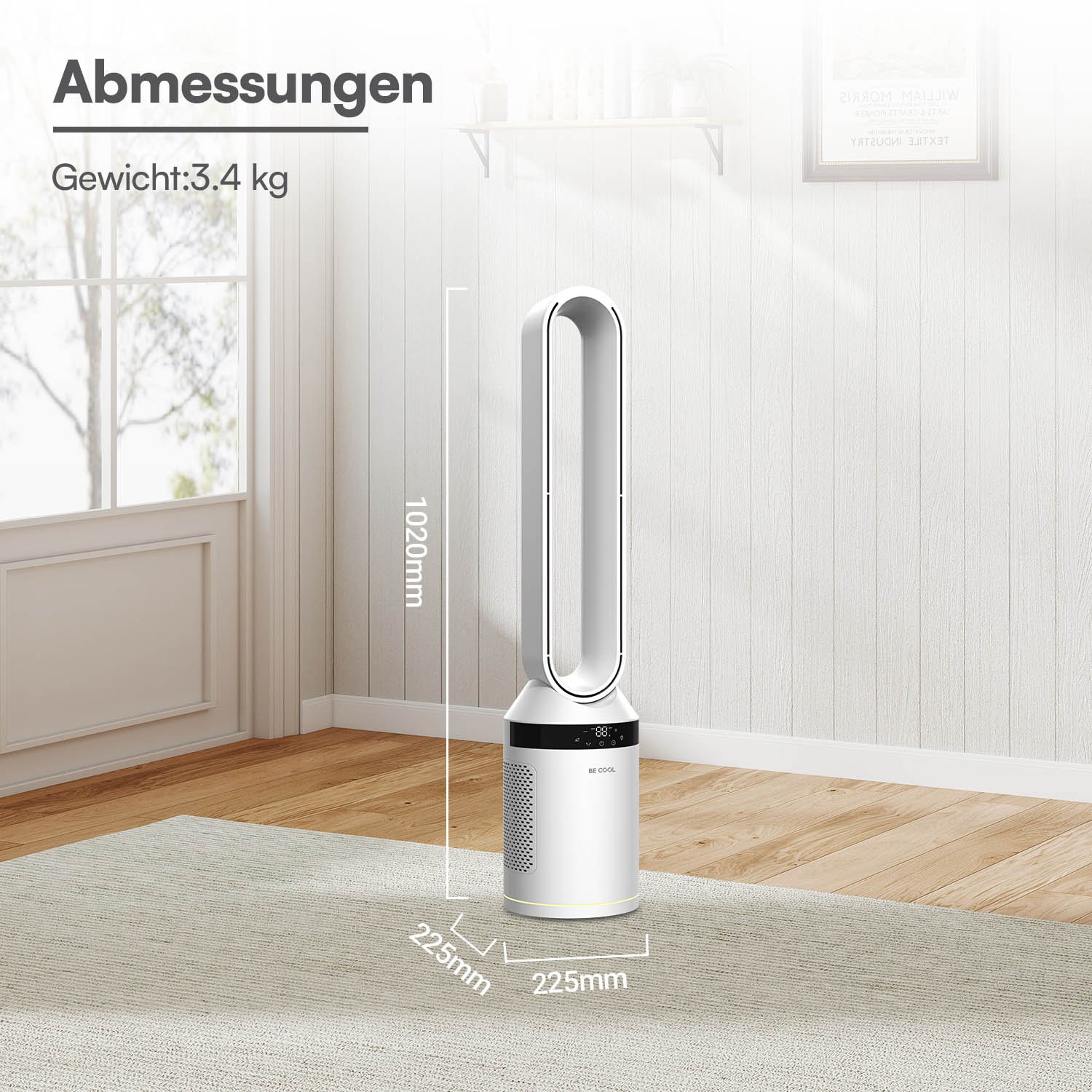Ein weißer Turmventilator steht auf einem Teppich. Maße: 1020mm x 225mm x 225mm.