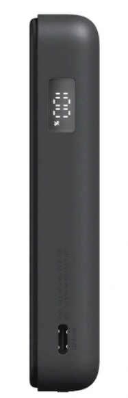Czarny powerbank z cyfrowym wyświetlaczem i portem USB-C.