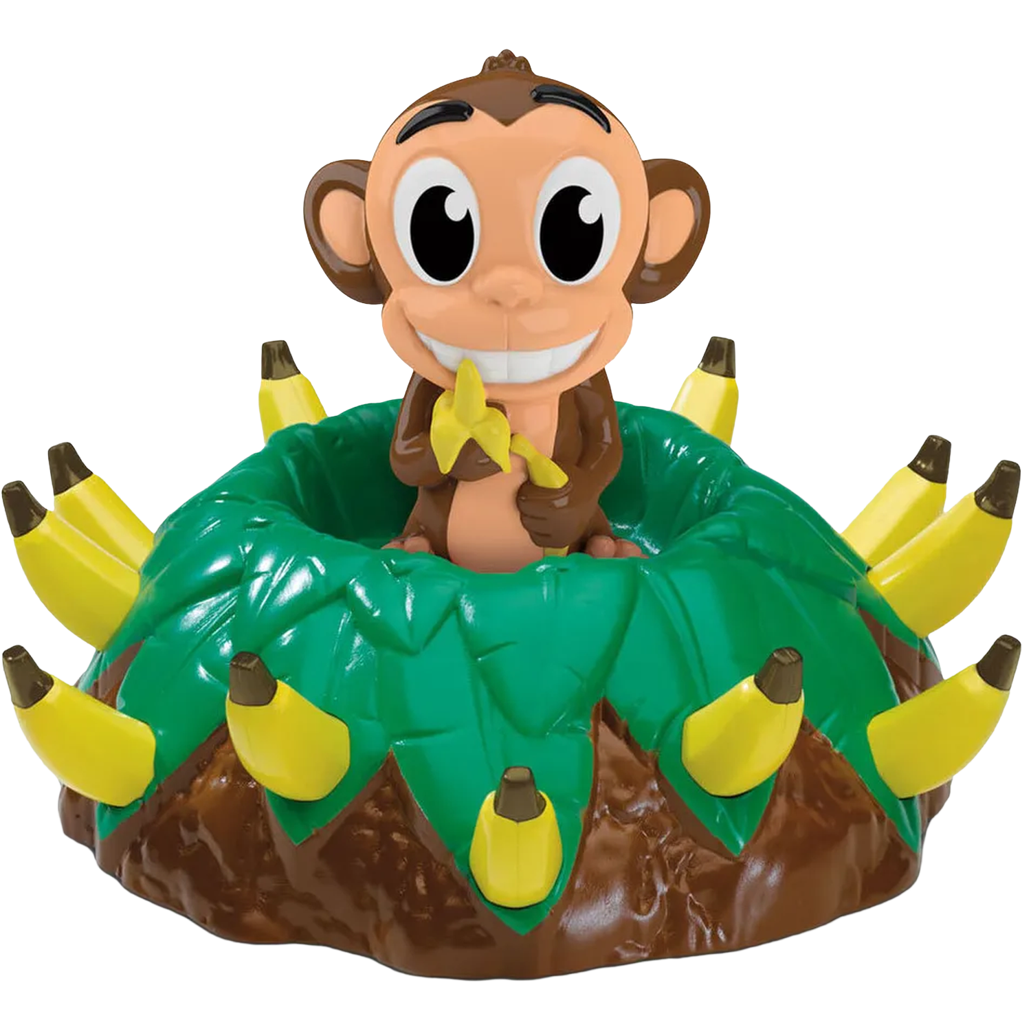 Een cartoonaap zit in een groene bladerstructuur omringd door bananen.