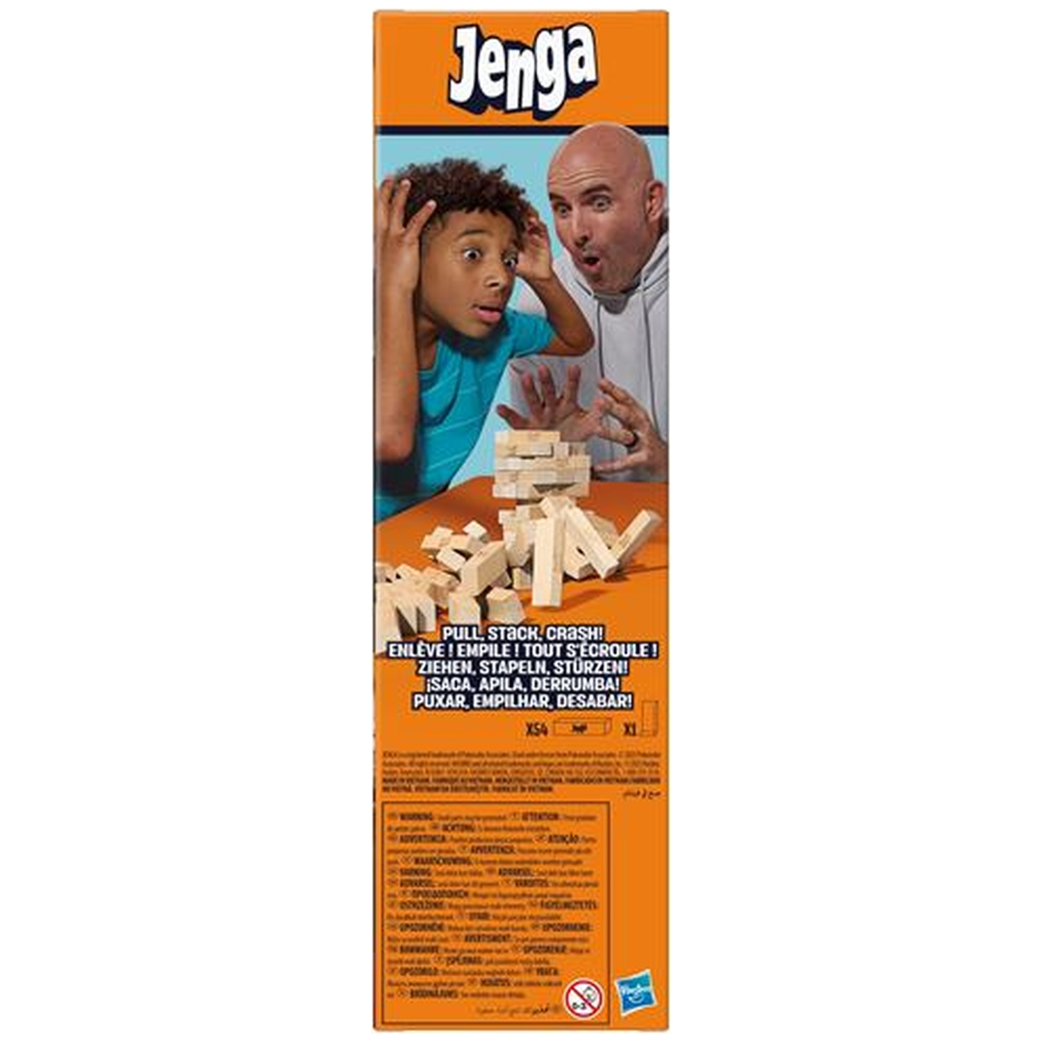 Jenga box with boy and man playing Jenga blocks.