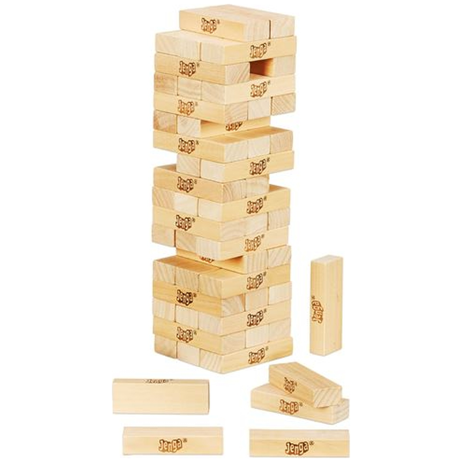 A Jenga tower made of wooden blocks with individual blocks nearby.