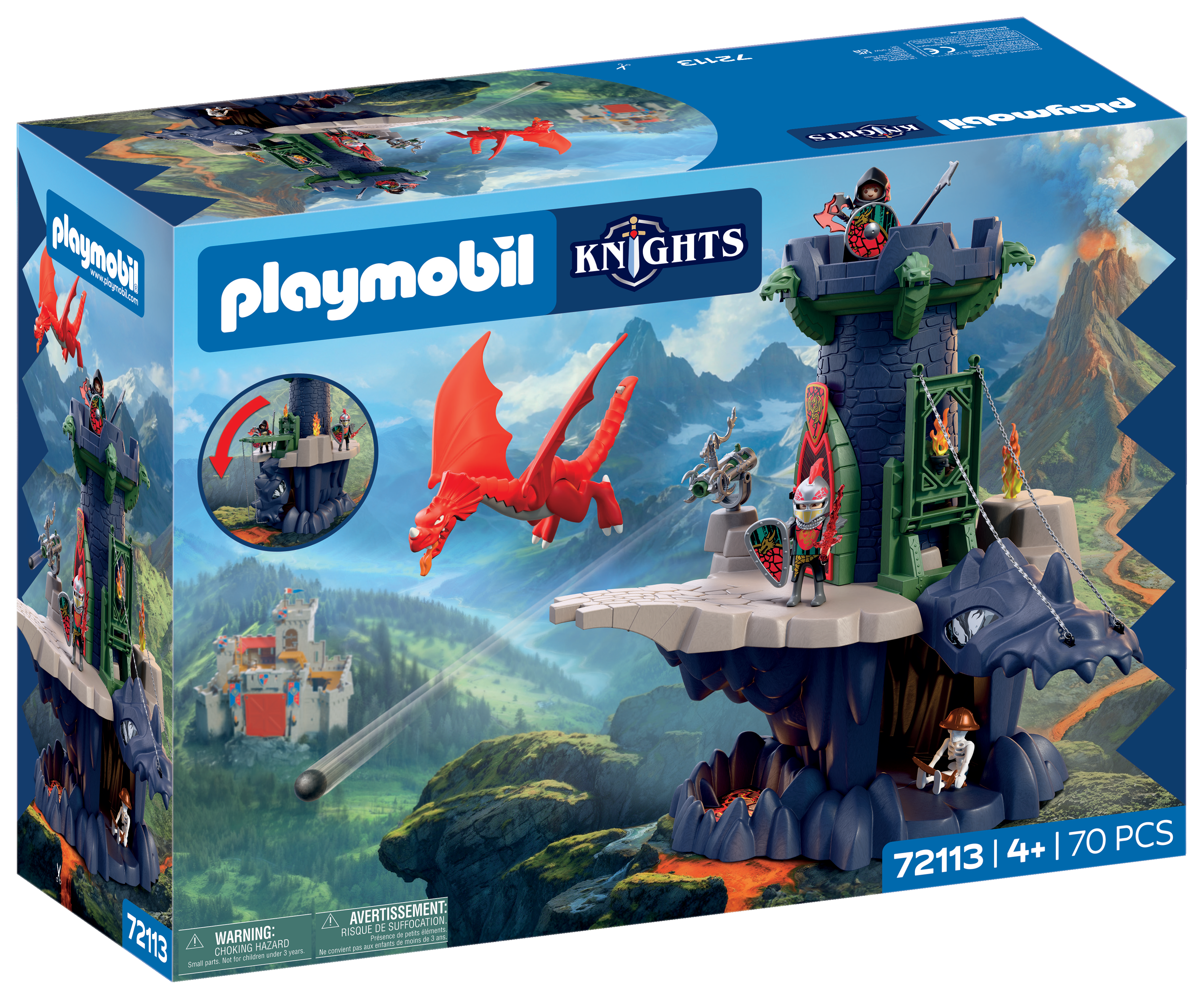 Playmobil Ritterburg mit rotem Drachen, Vulkan und Rittern.