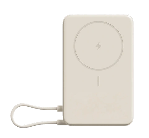 Kremowa bateria MagSafe z symbolem błyskawicy i kablem.